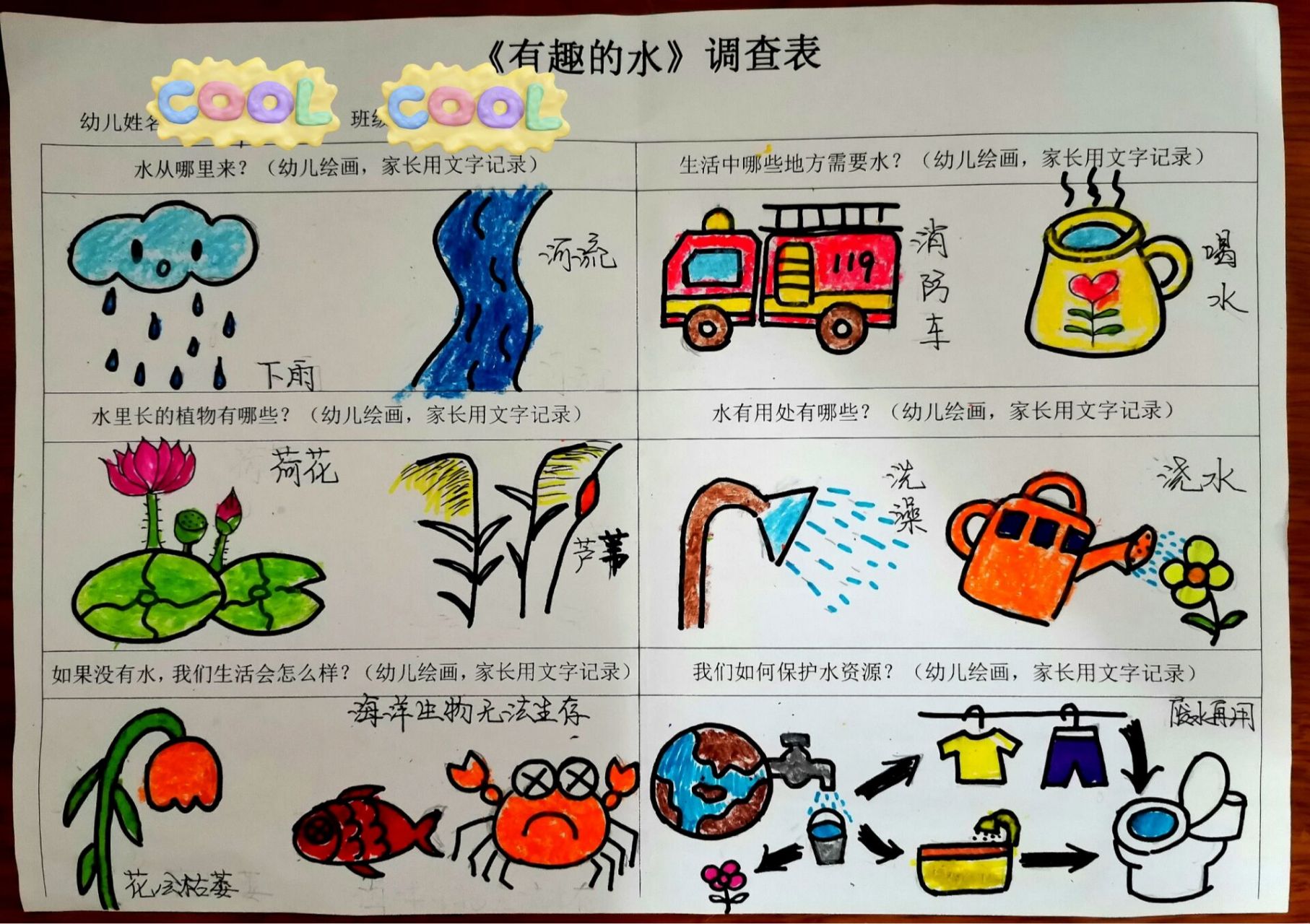 小班下学期主题作业《有趣的水》调查表 最怕做"调查表", 铅笔画画