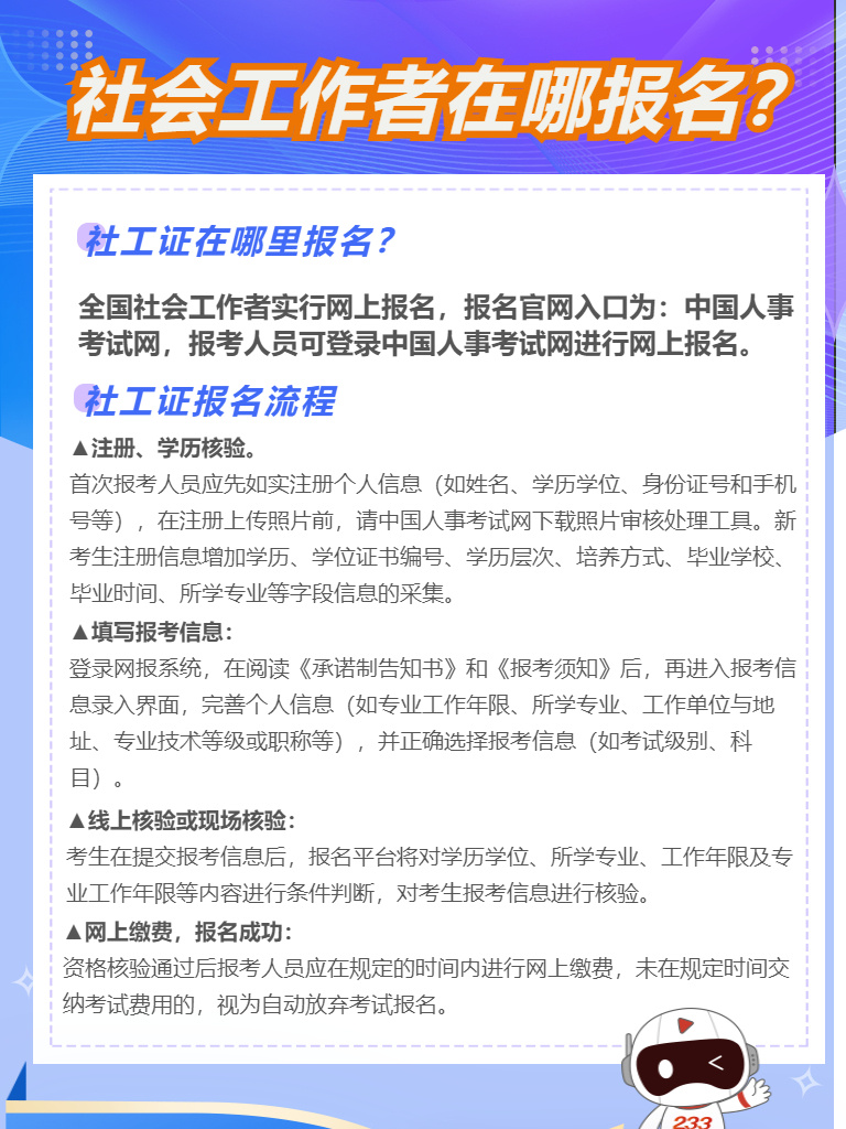 全国社会工作者实行网上报名,报名官网入口为:中国人事考试网,笨技