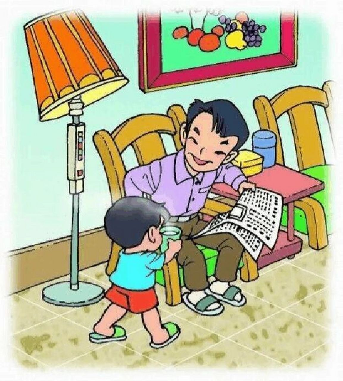 看图写话 爸爸辛苦了 星期六晚上,圆圆的月亮像玻璃球一样,挂在天空上