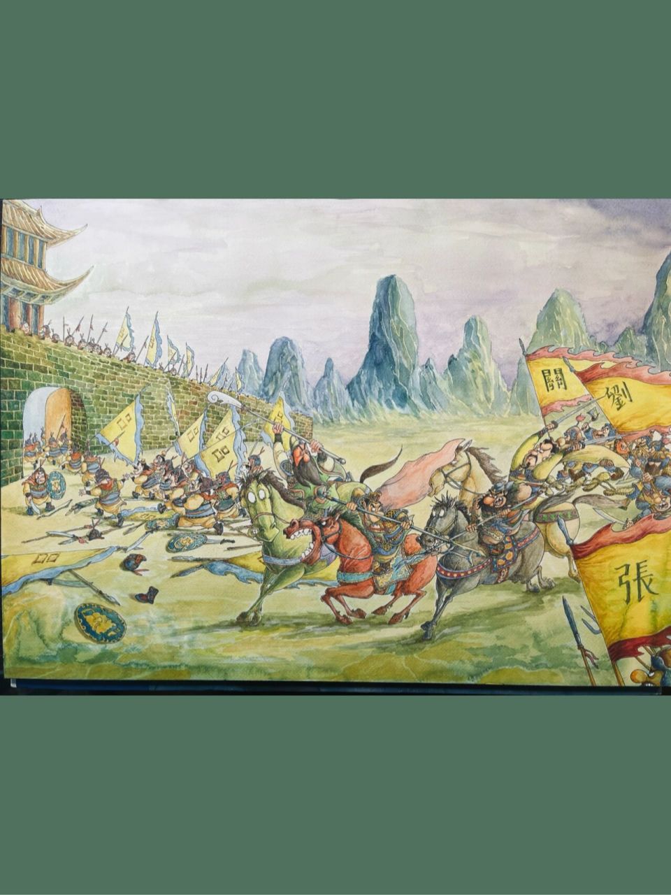 国风原创水彩三国演义之三英战吕布 这幅画很耗气, 我从起稿到完成都