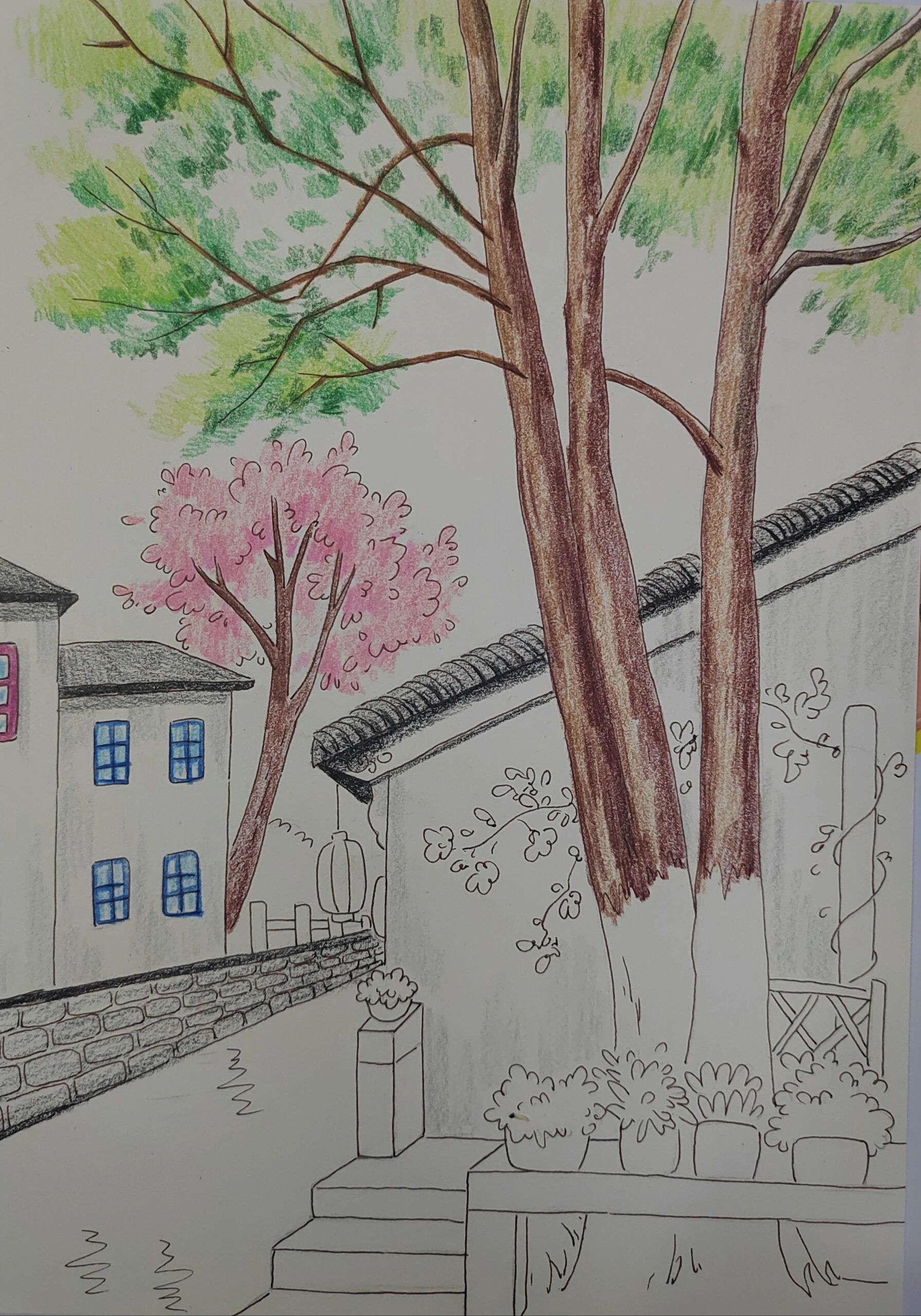 简单彩铅风景画教程《流水人家》