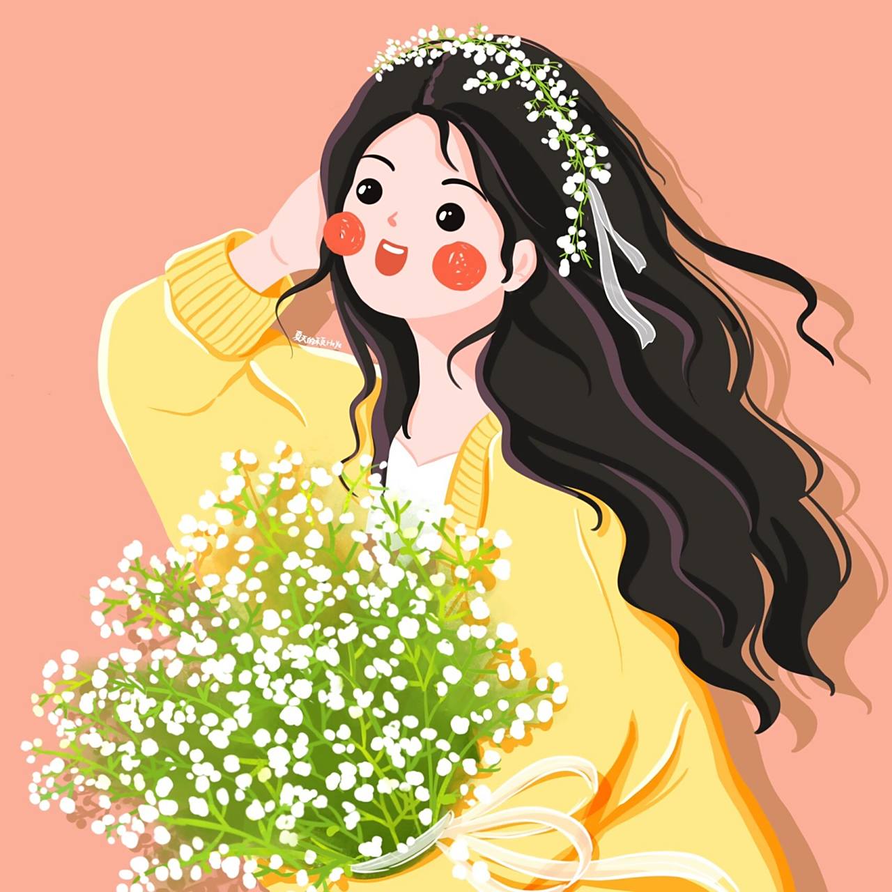 插画头像 | 手捧满天星花的可爱女生 有花花头饰版本,和无花花头饰