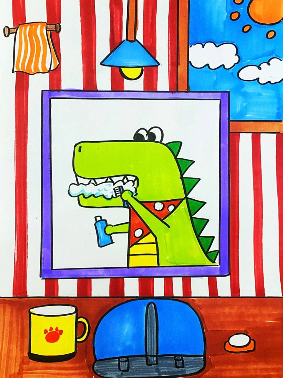 小鳄鱼刷牙 #卡通画# #马克笔# #儿童画# #鳄鱼# #鳄鱼刷牙儿童画