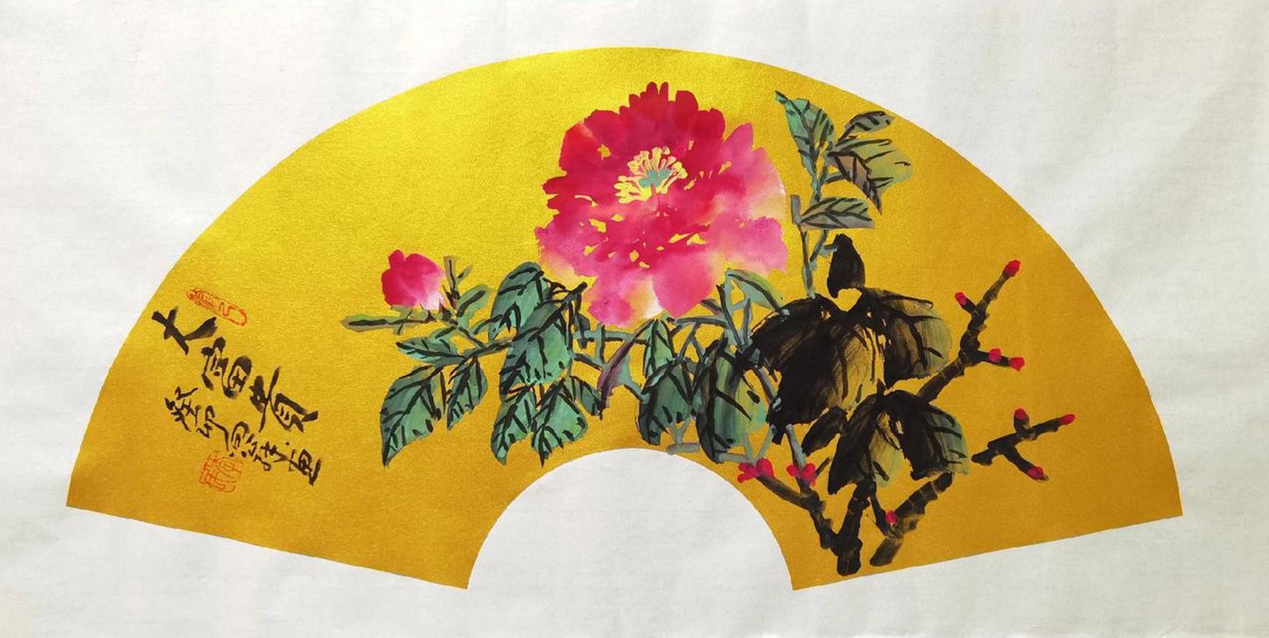 画扇面 国色天香牡丹花 画家李志向