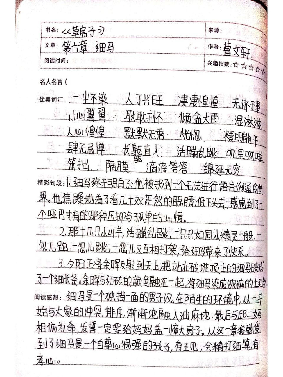 《草房子第六章细马读书笔记》