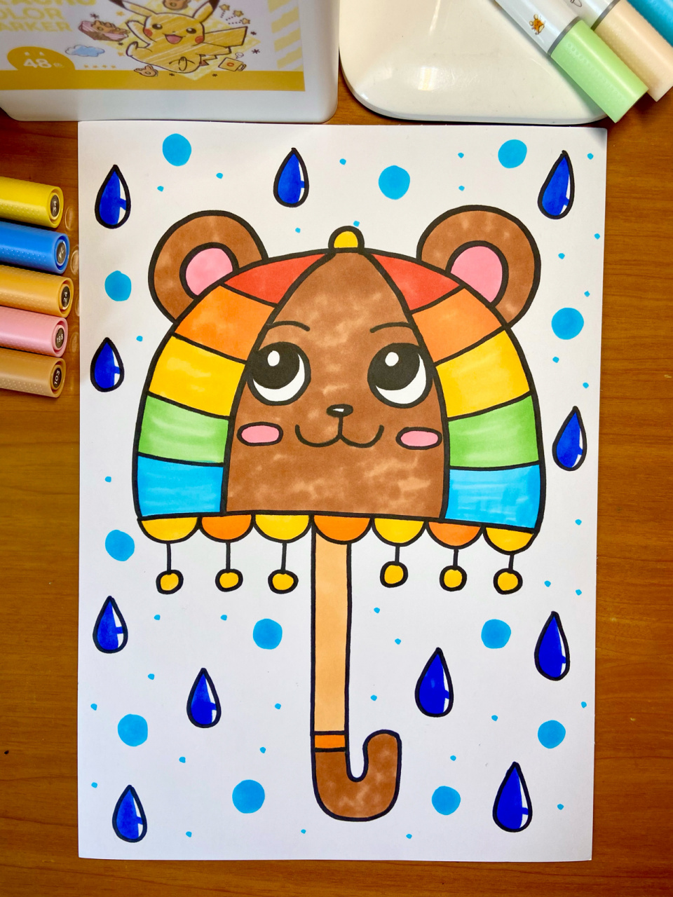 【小熊雨伞7415】马克笔儿童画幼儿简单教程步骤 原创儿童画,色号