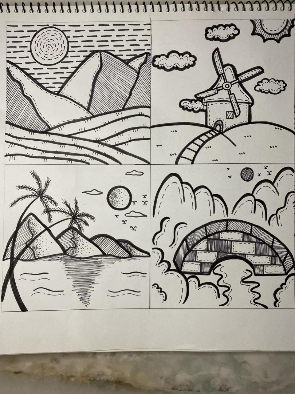 风景简笔画|黑白灰 12*12的格子,临摹的风景画,稍微的加了一点料,还挺