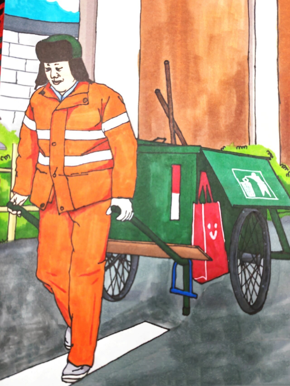 环卫工人城市美容师绘画简笔画 🌈 四年级的美术课 儿子的作品  