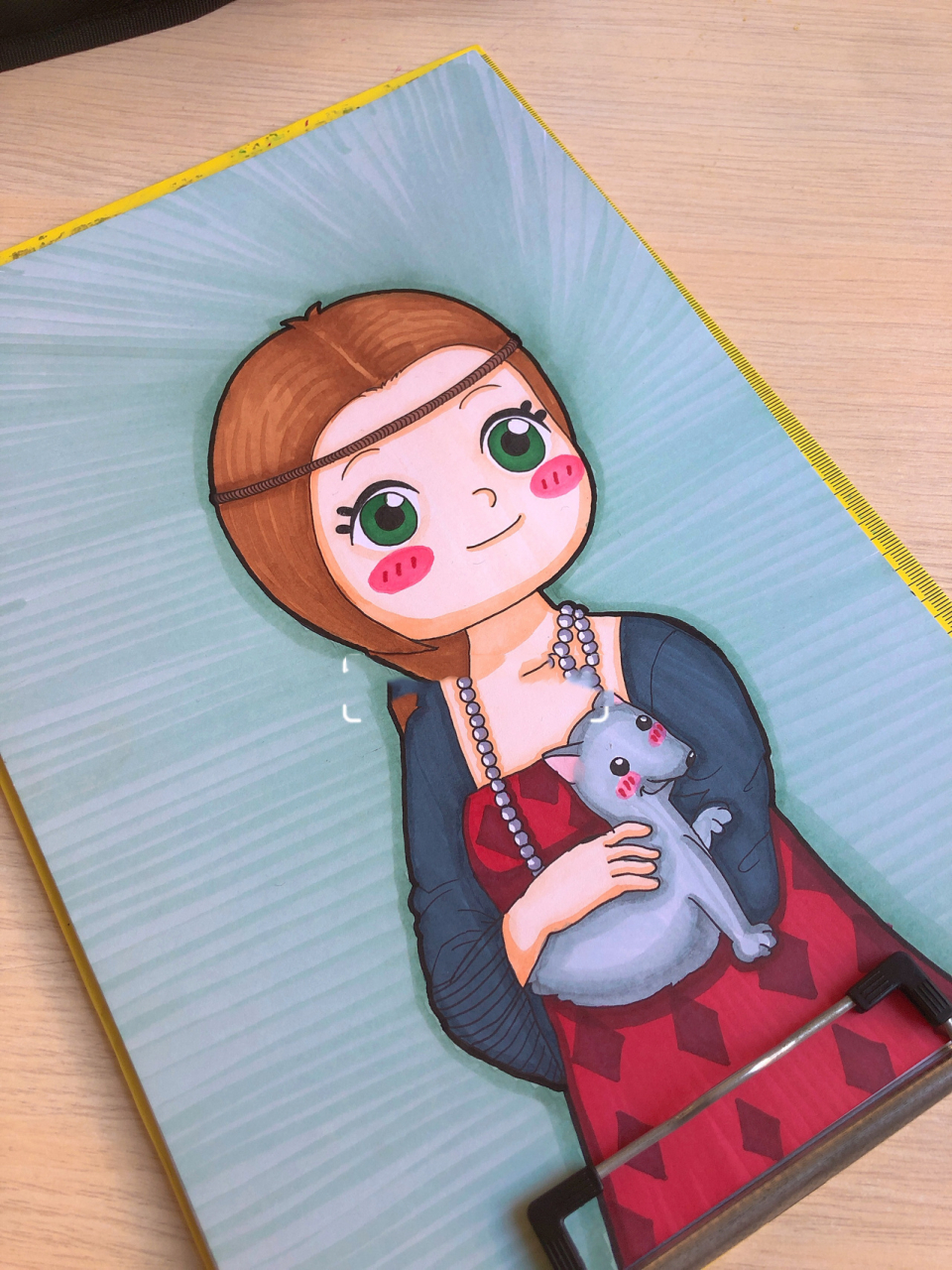 世界名画系列|儿童画|原创 达芬奇《抱银鼠的女子》 纸:荷兰白卡 笔