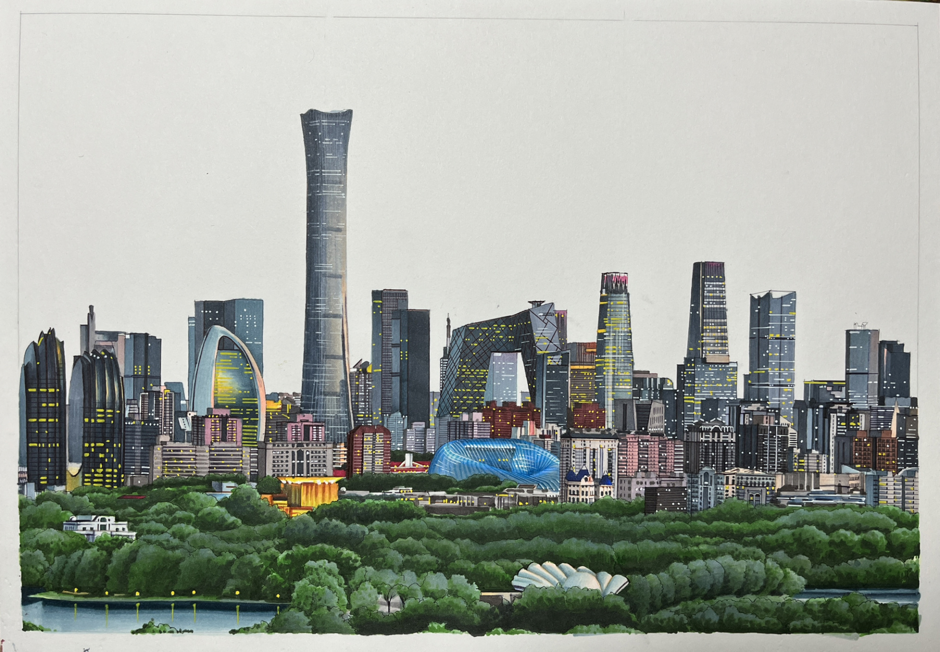 北京马克笔城市建筑手绘 画了一下北京cbd建筑,依然用了自己比较喜欢