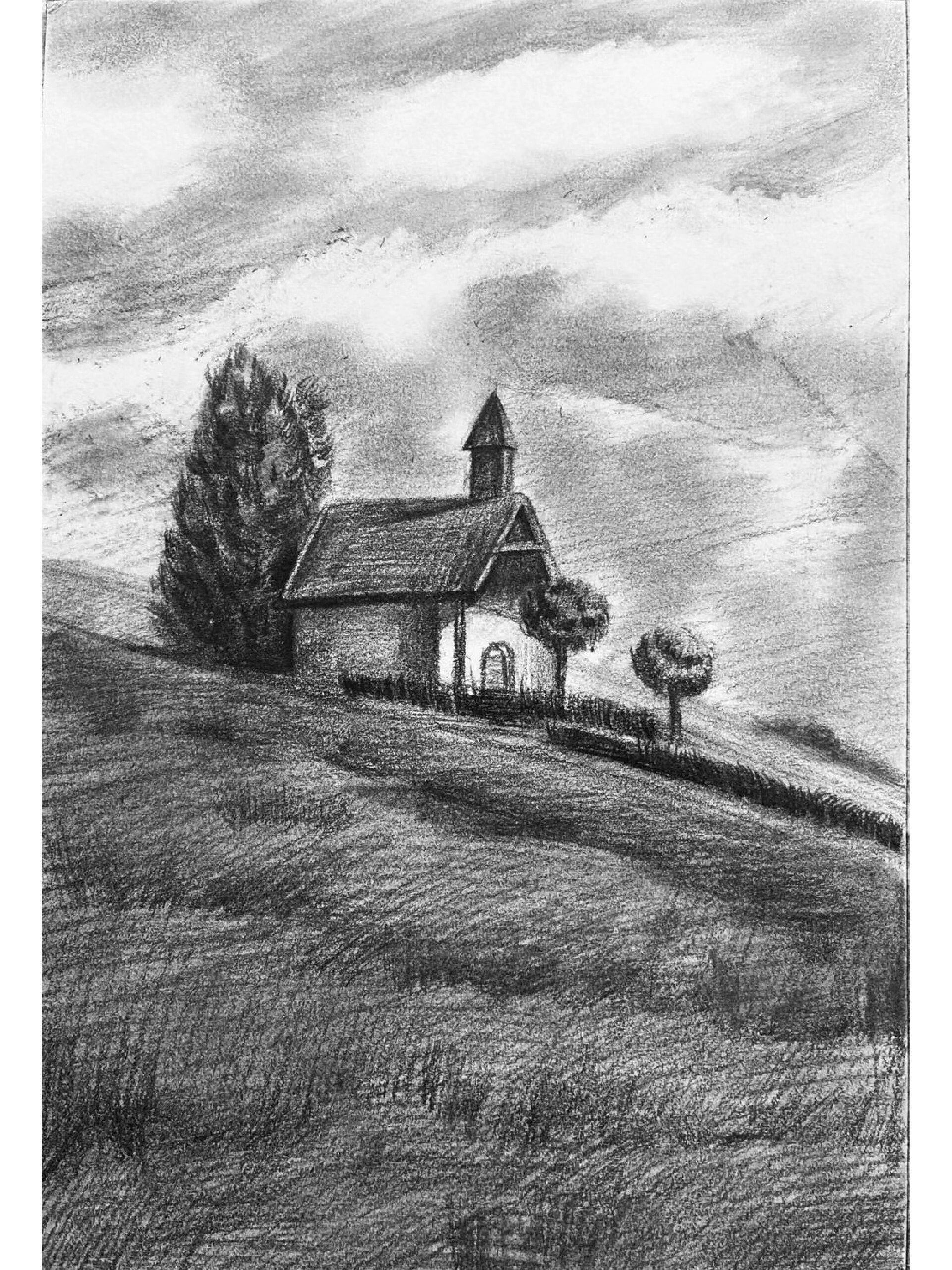 草地在画面中的比例关系,以及点缀的小树的高度都是铅笔画风景素描