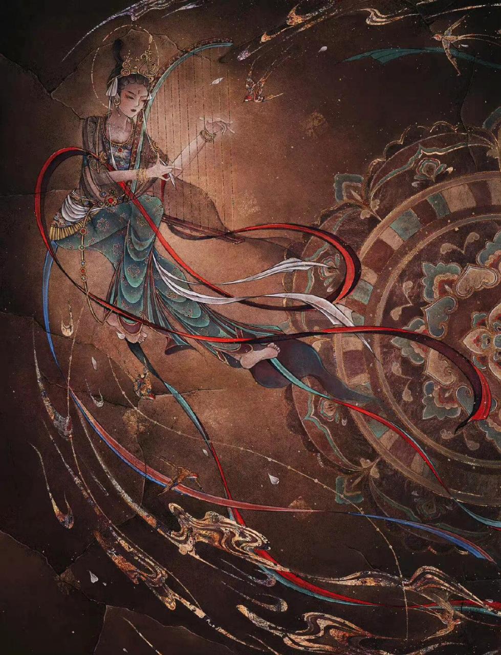 敦煌飞天 | 箜篌飞天 敦煌莫高窟第五十五窟,弹奏箜篌的伎乐飞天.