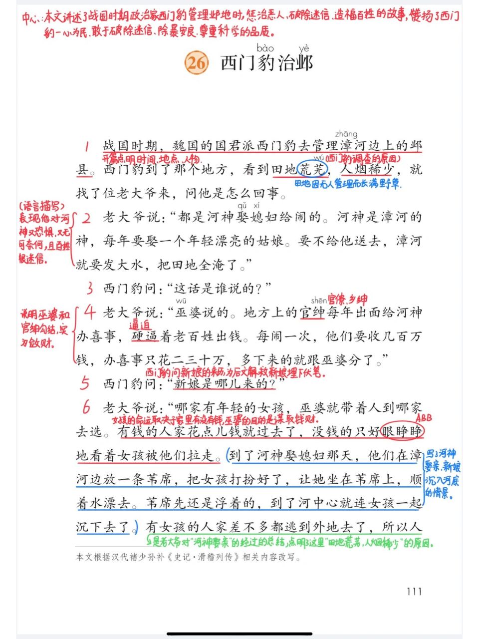 97部编版四年级上26《西门豹治邺》课堂笔记 97部编版四年级上26