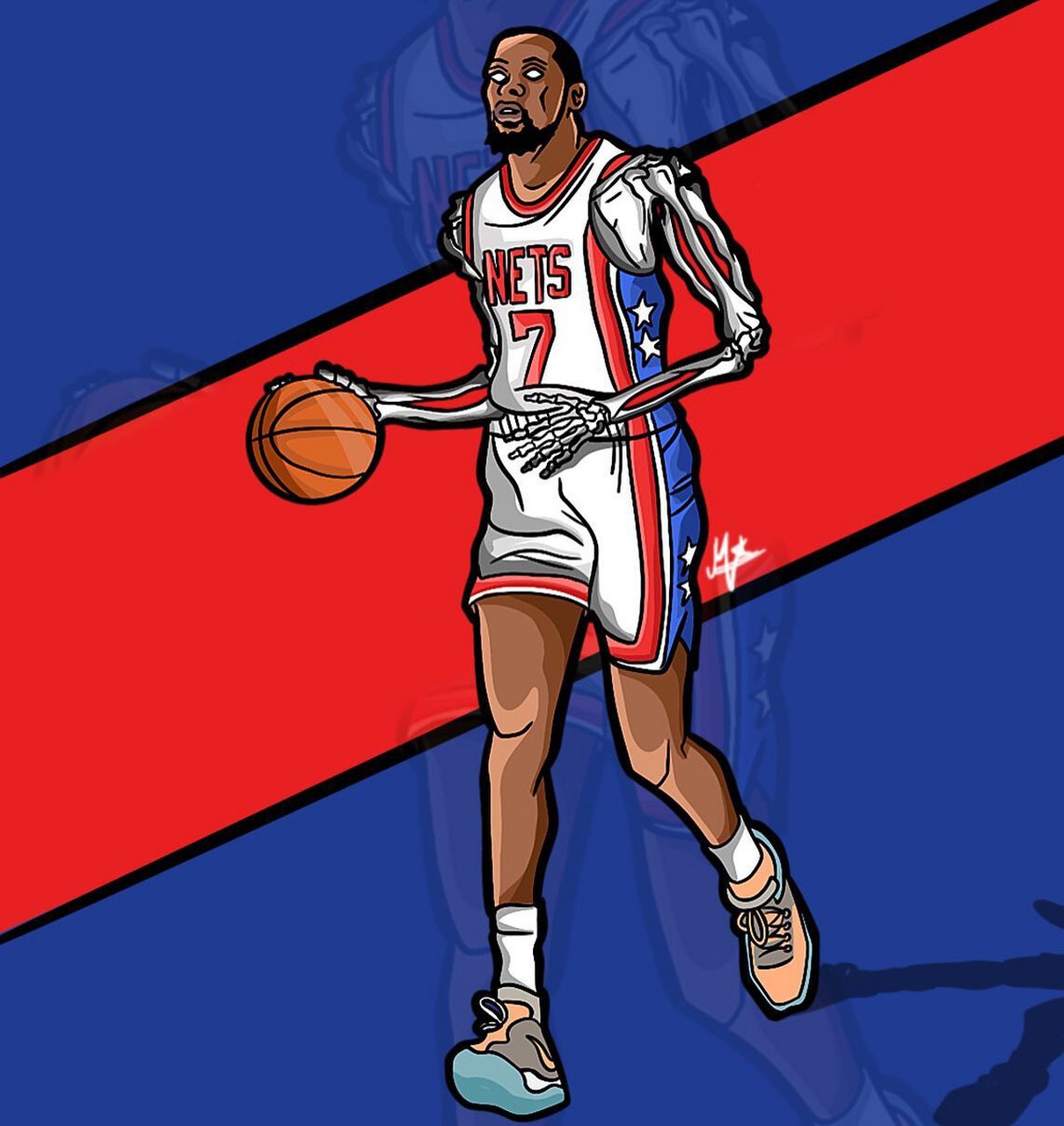 球星名场面插画图——凯文·杜兰特  布鲁克林篮网队的当家球星