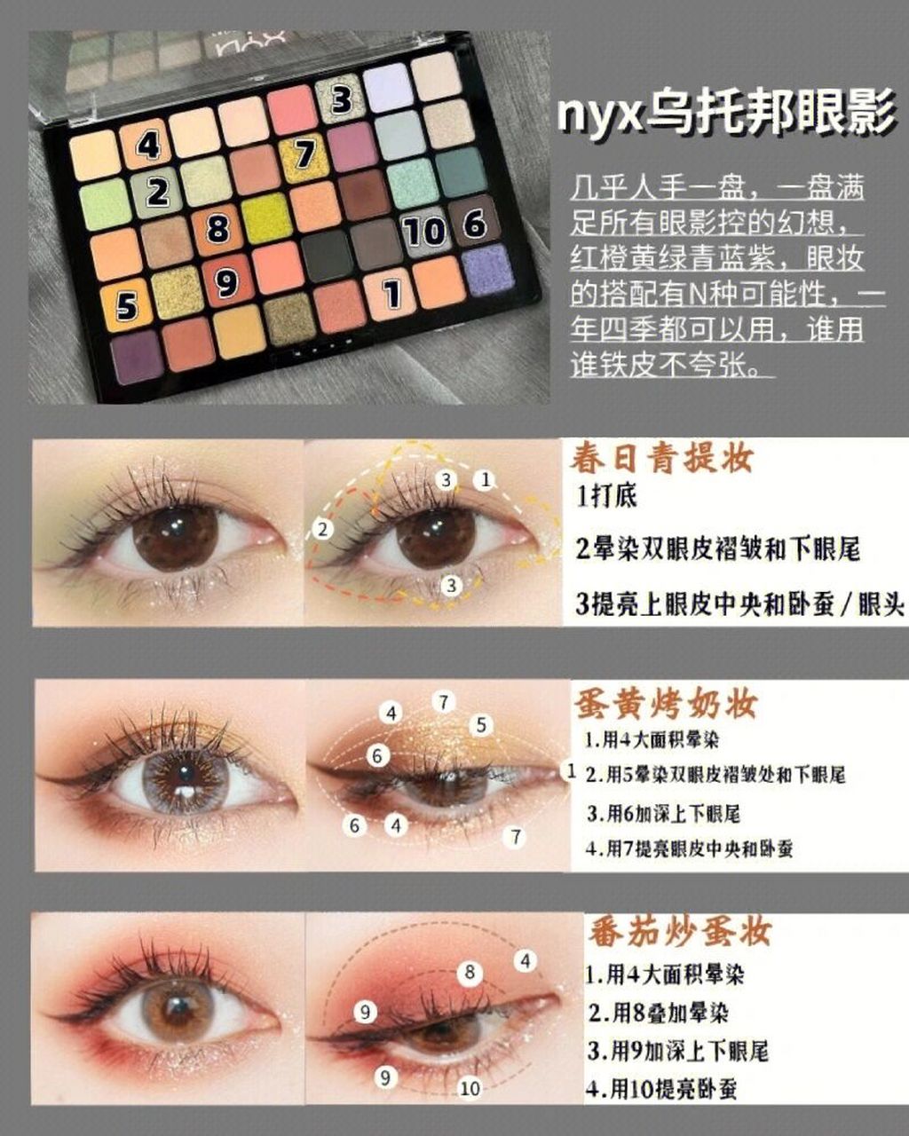 nyx乌托邦40色眼影盘配色试色教程 一共21个眼妆,几乎所有色块都用了