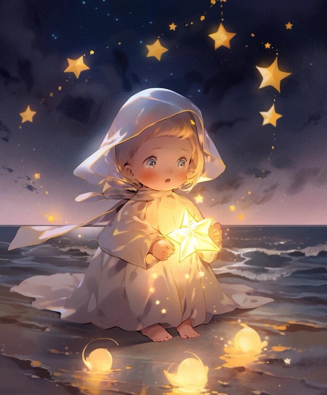 超好看的微信背景图,在海边捡星星的女孩