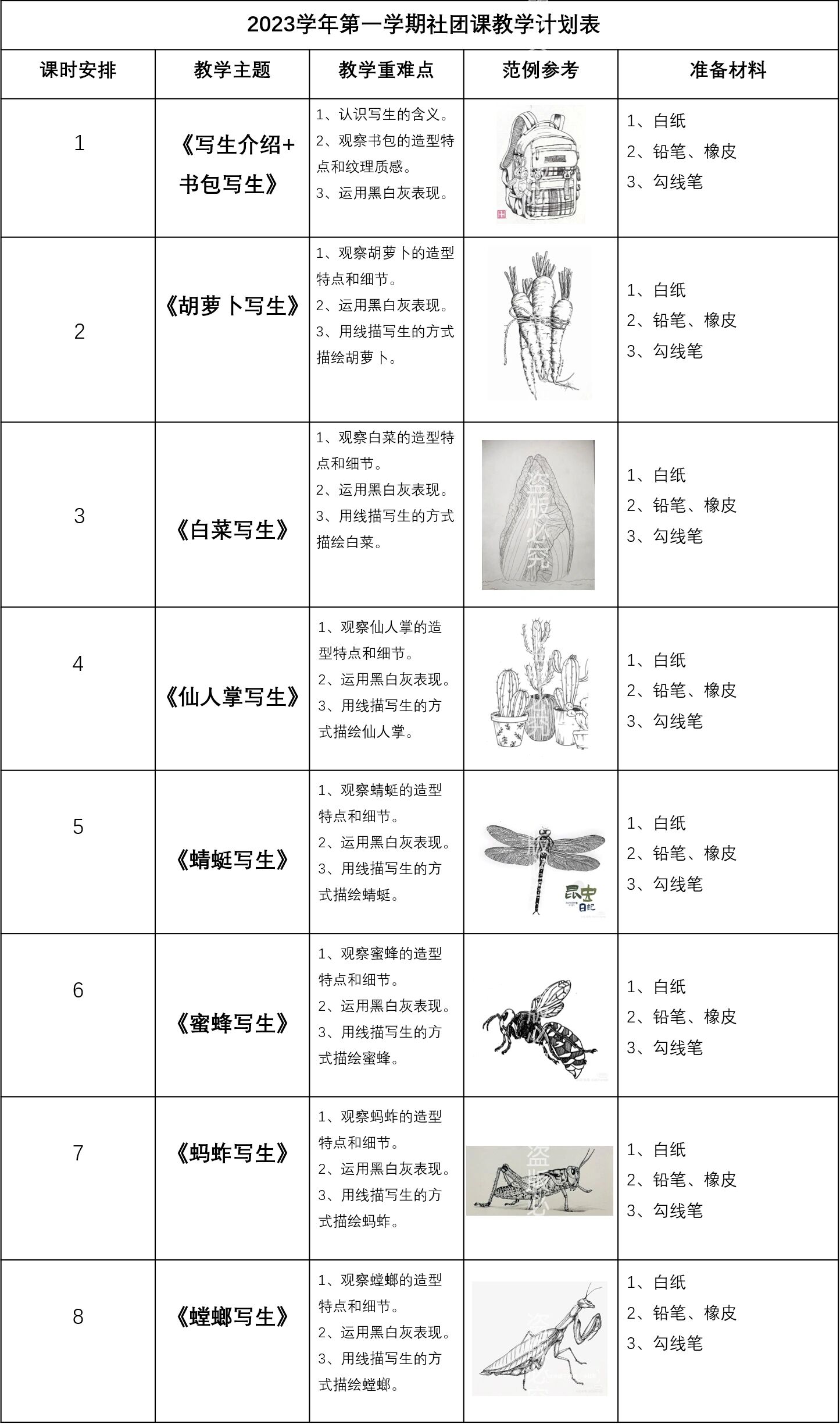 小学美术【写生社团课】教学计划表