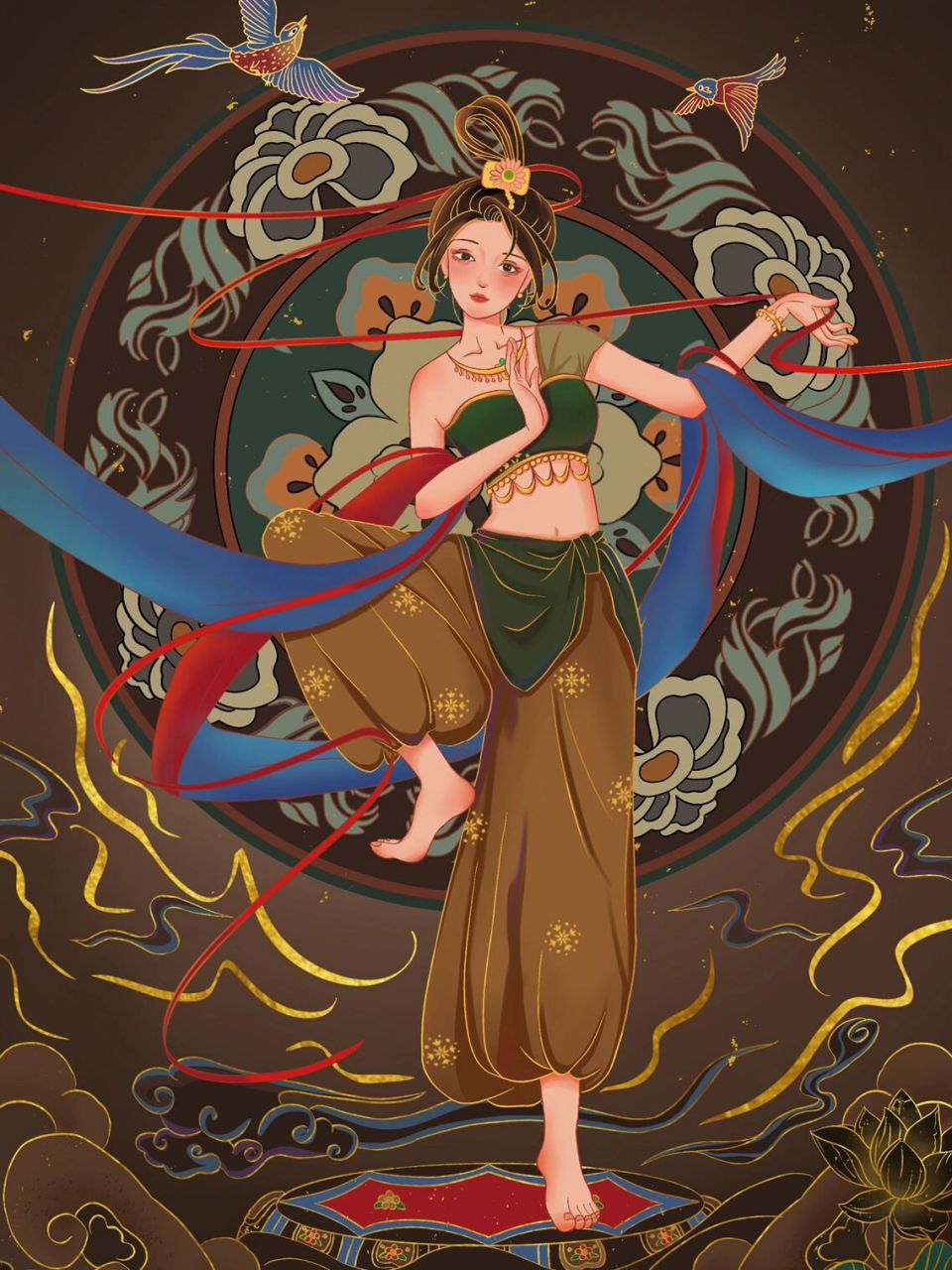 国风插画|敦煌飞天少女 《反弹琵琶》是敦煌壁画《无量寿经变》的局部