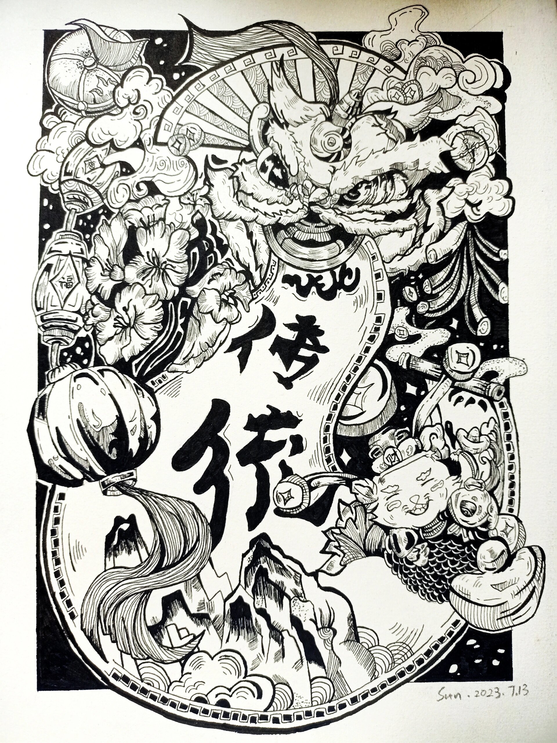 中国传统风黑白线描画