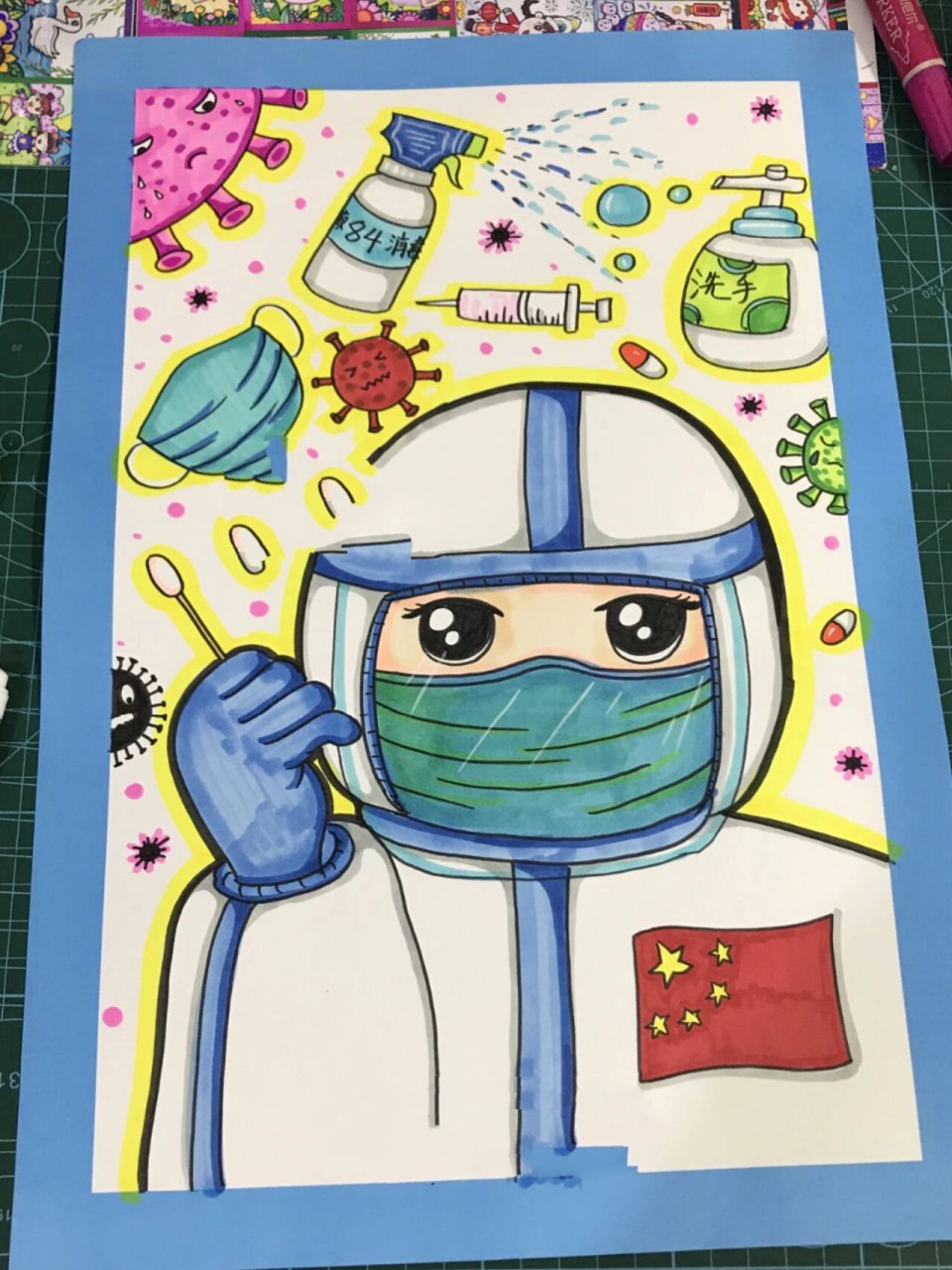 防疫主题儿童画 打败新冠病毒 做核酸