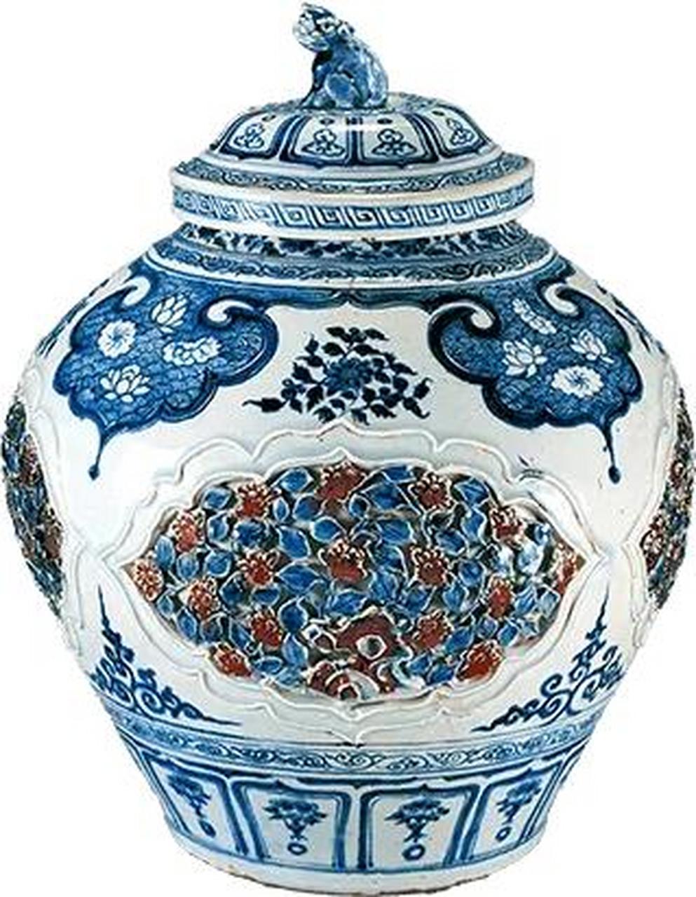 青花釉里红开光贴花盖罐 元 口径15.3, 底径18.7,高42.