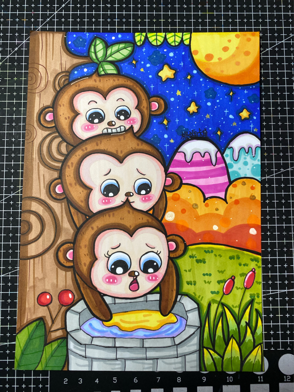 儿童画|《猴子捞月》|马克笔过程 临摹丹尼索的画 我想问下touch mark