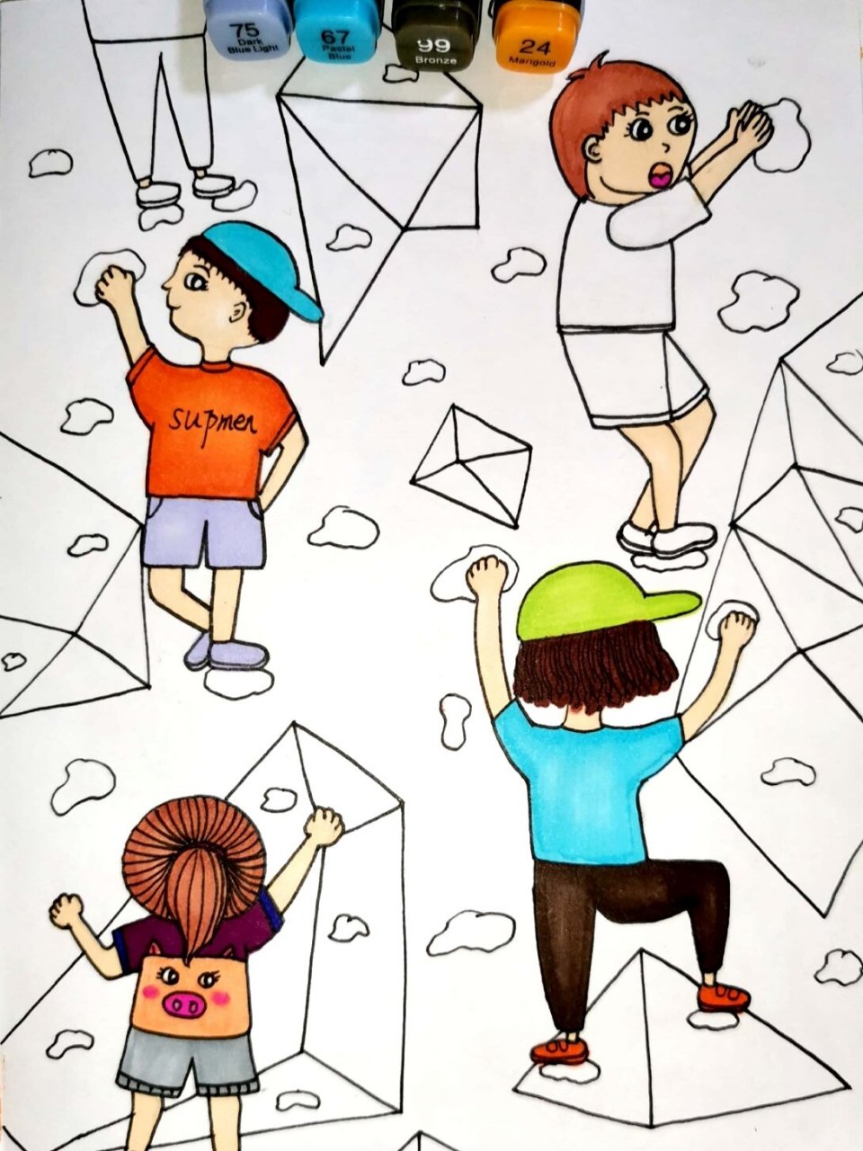 攀岩 创意儿童画 简笔画 马克笔 线描