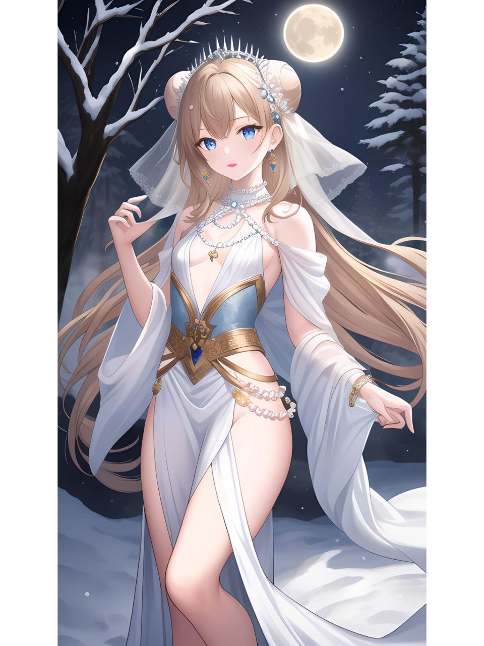 朦胧月夜下的连衣长裙女子,动漫二次元绘画
