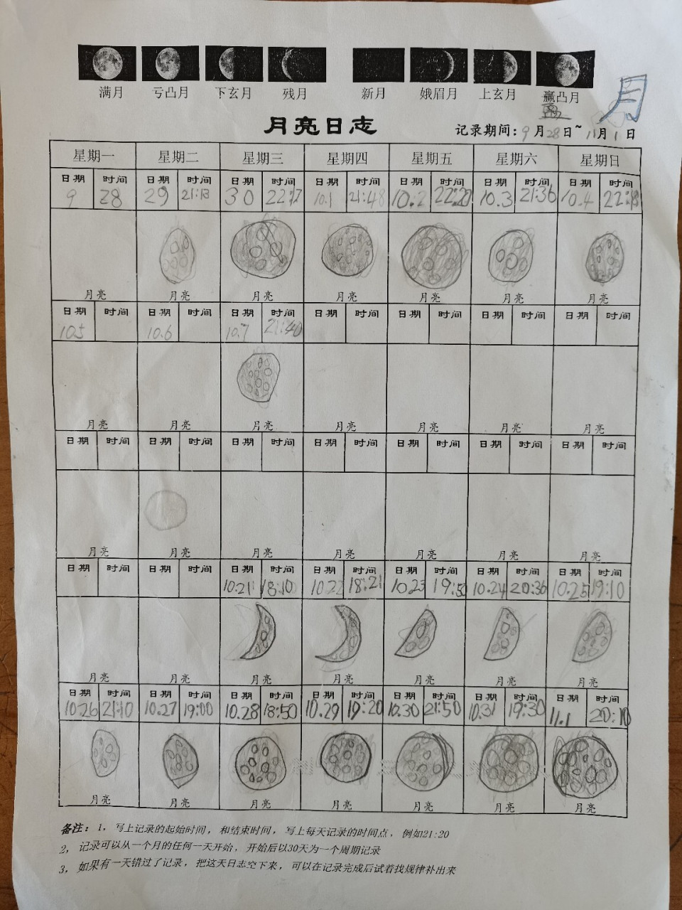 月亮观测记录日志第1期 6岁半的三宝哥哥的第1期月亮日志记录圆满的