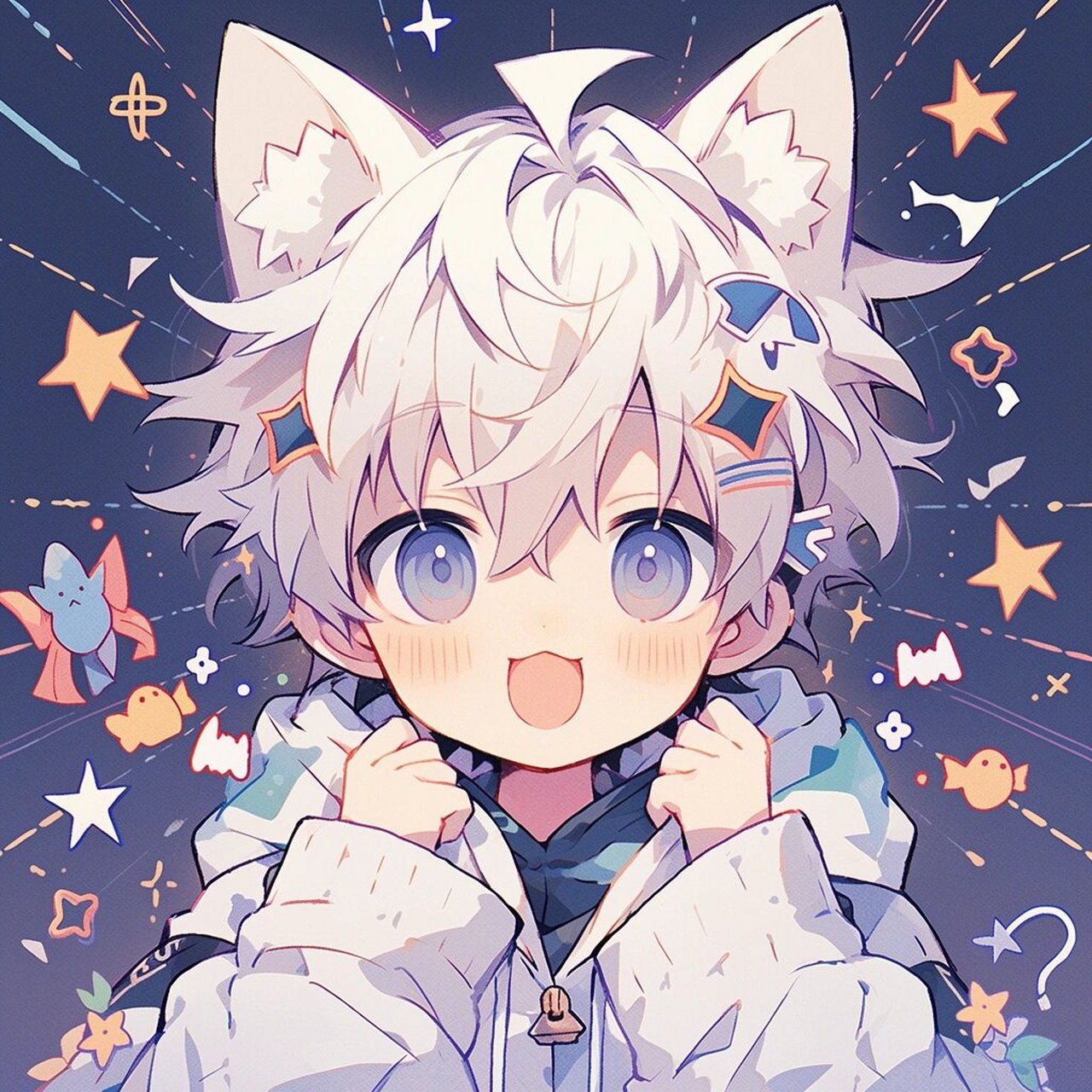 动漫男生头像|白发亮闪闪的猫猫男主 图片头像均由midjourney77后期