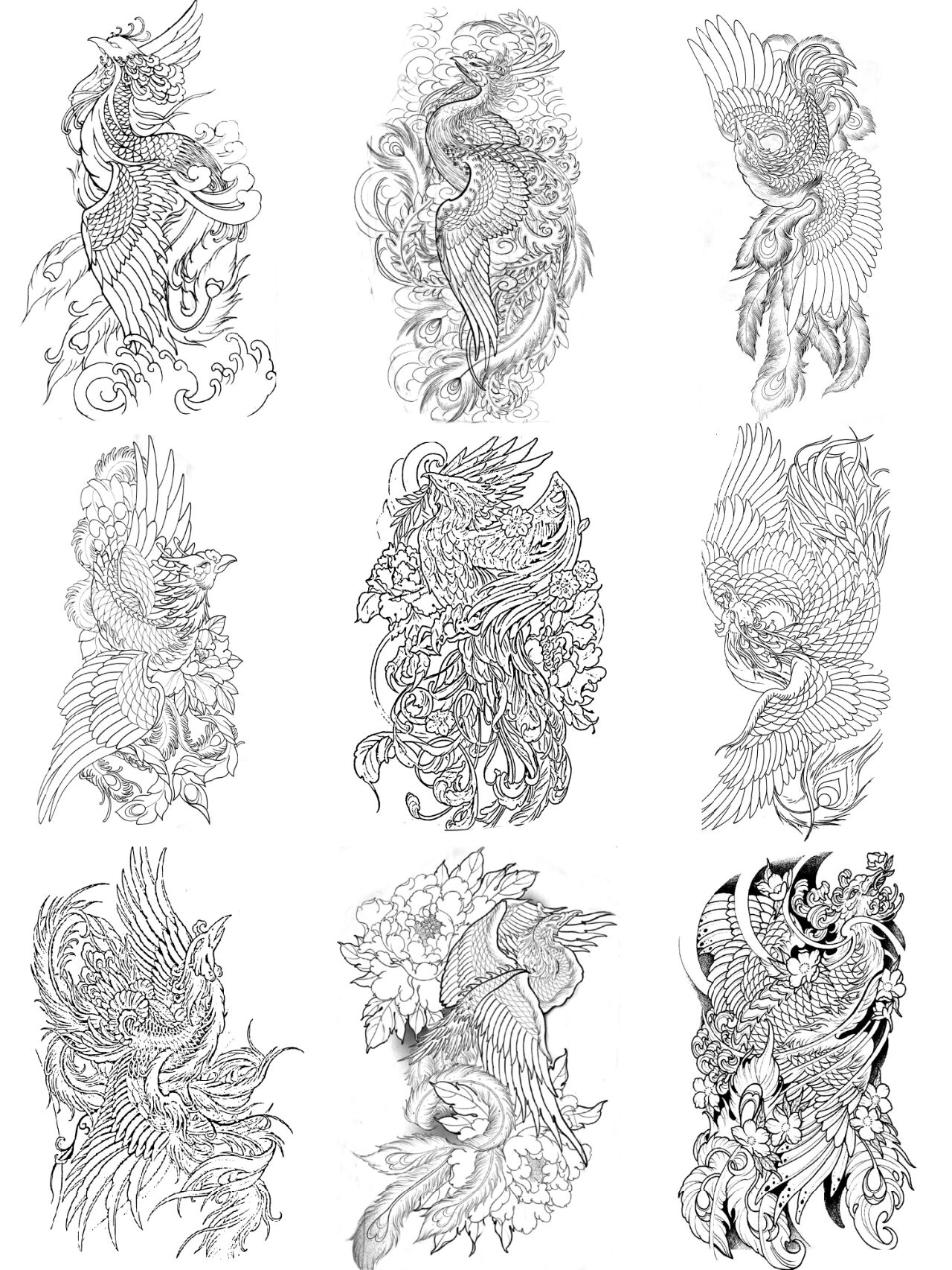 凤凰纹身手稿图案收藏(线稿