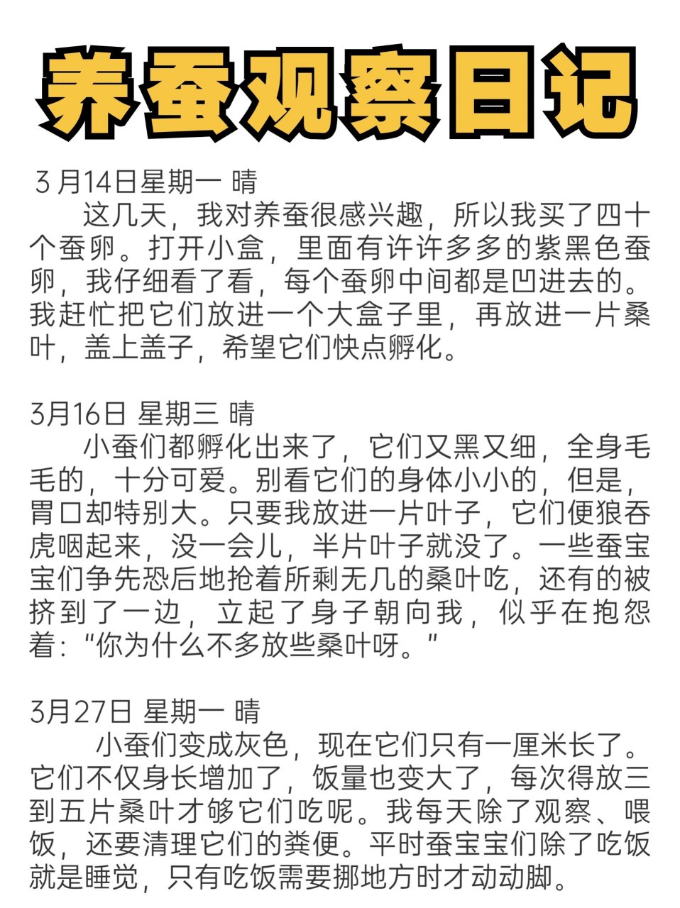 虽然日记很多篇,但是观察的要点始终是统一的,那就是蚕宝宝的外形
