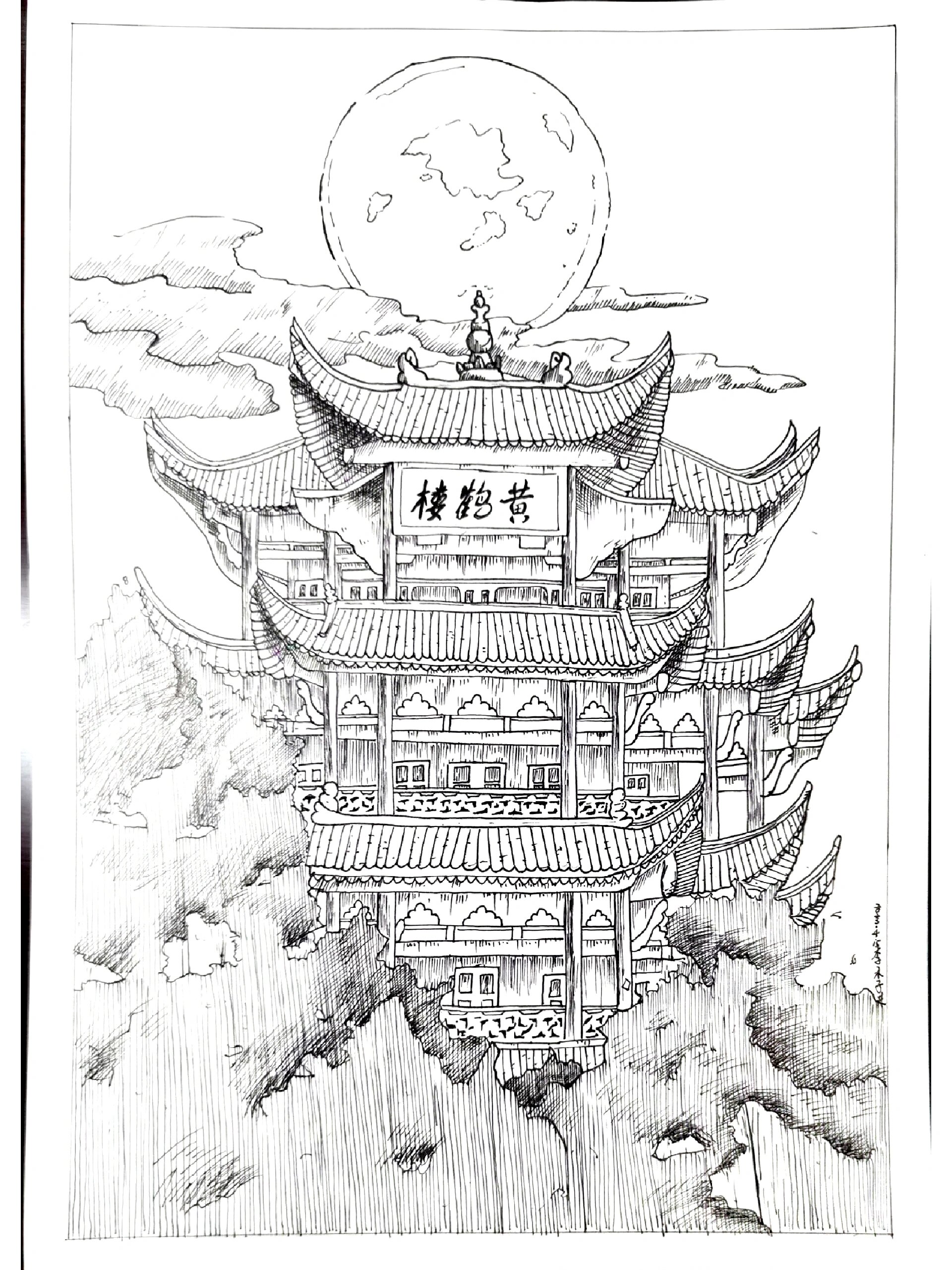 线稿临摹|黑白线稿|黄鹤楼 古风建筑,黄鹤楼 画时五六个小时, 由于