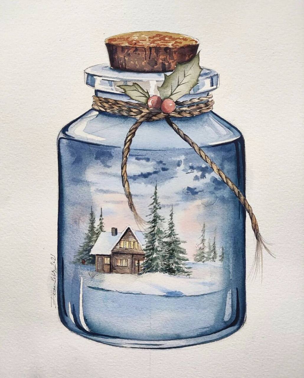 梦幻漂流瓶系列水彩画.