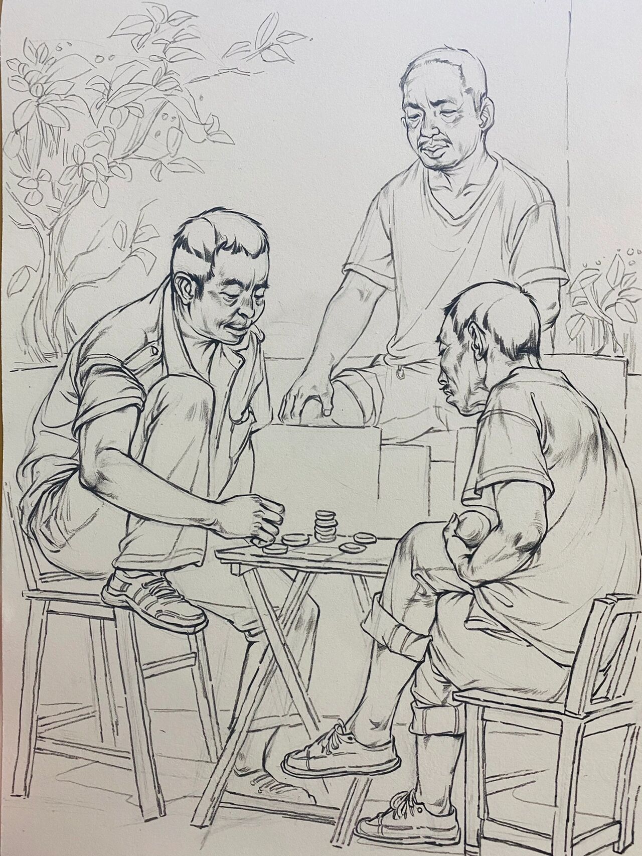 是打卡的第二十五天了画的(三个老头下象棋)原图来自