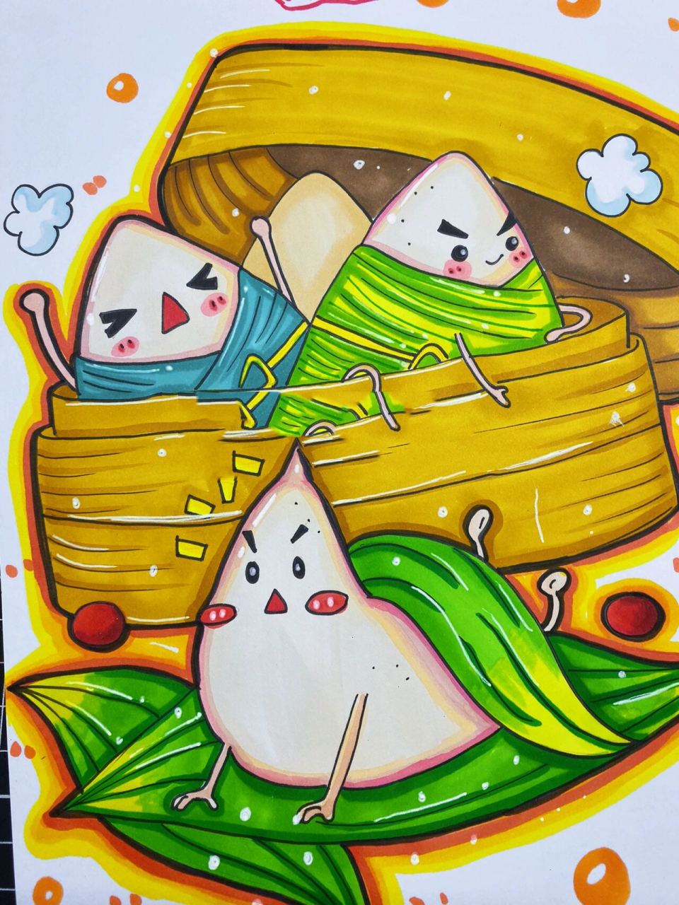 马克笔儿童画端午节之粽子绘画.        临摹电脑图.