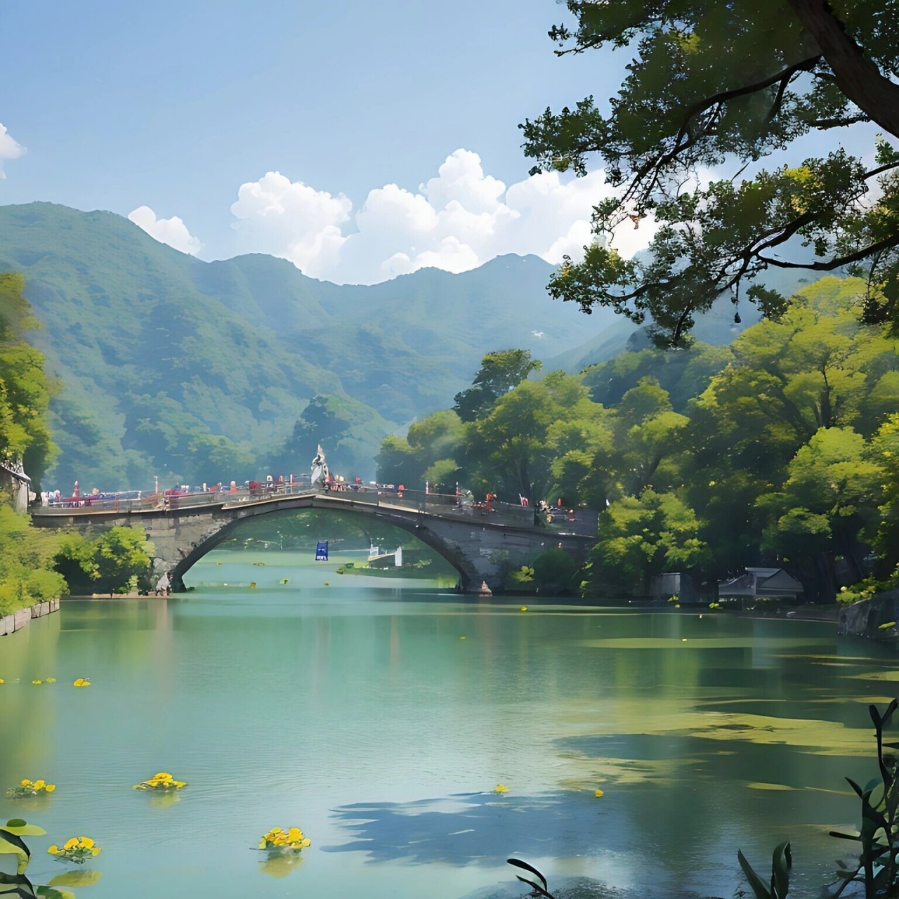 乡村的湖泊 美丽的乡下风景,乡村老建筑,平静的河流,岸边旺盛的草丛