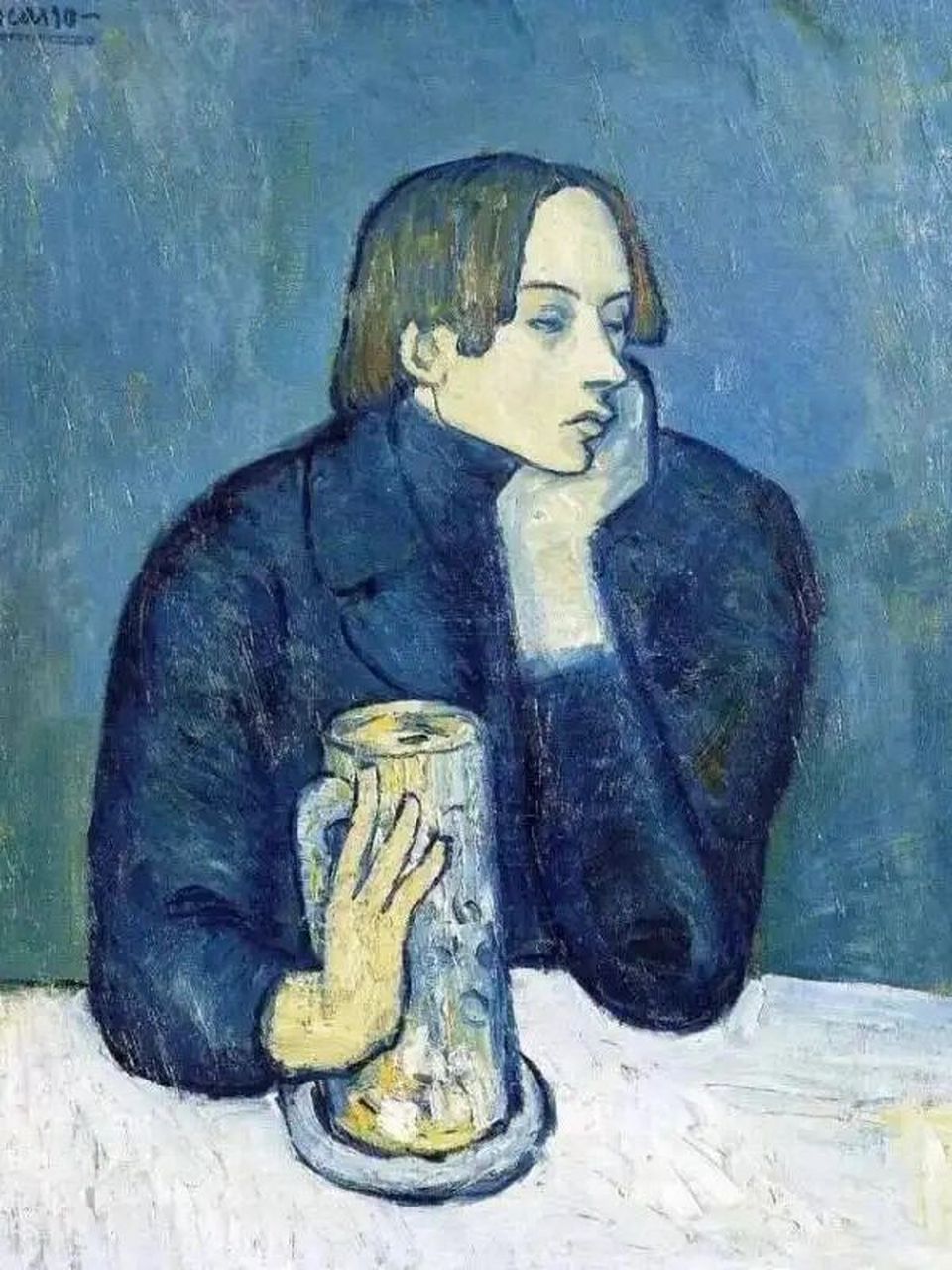 头发,眉毛,眼晴皆蓝,蓝色主宰了他一切作品.