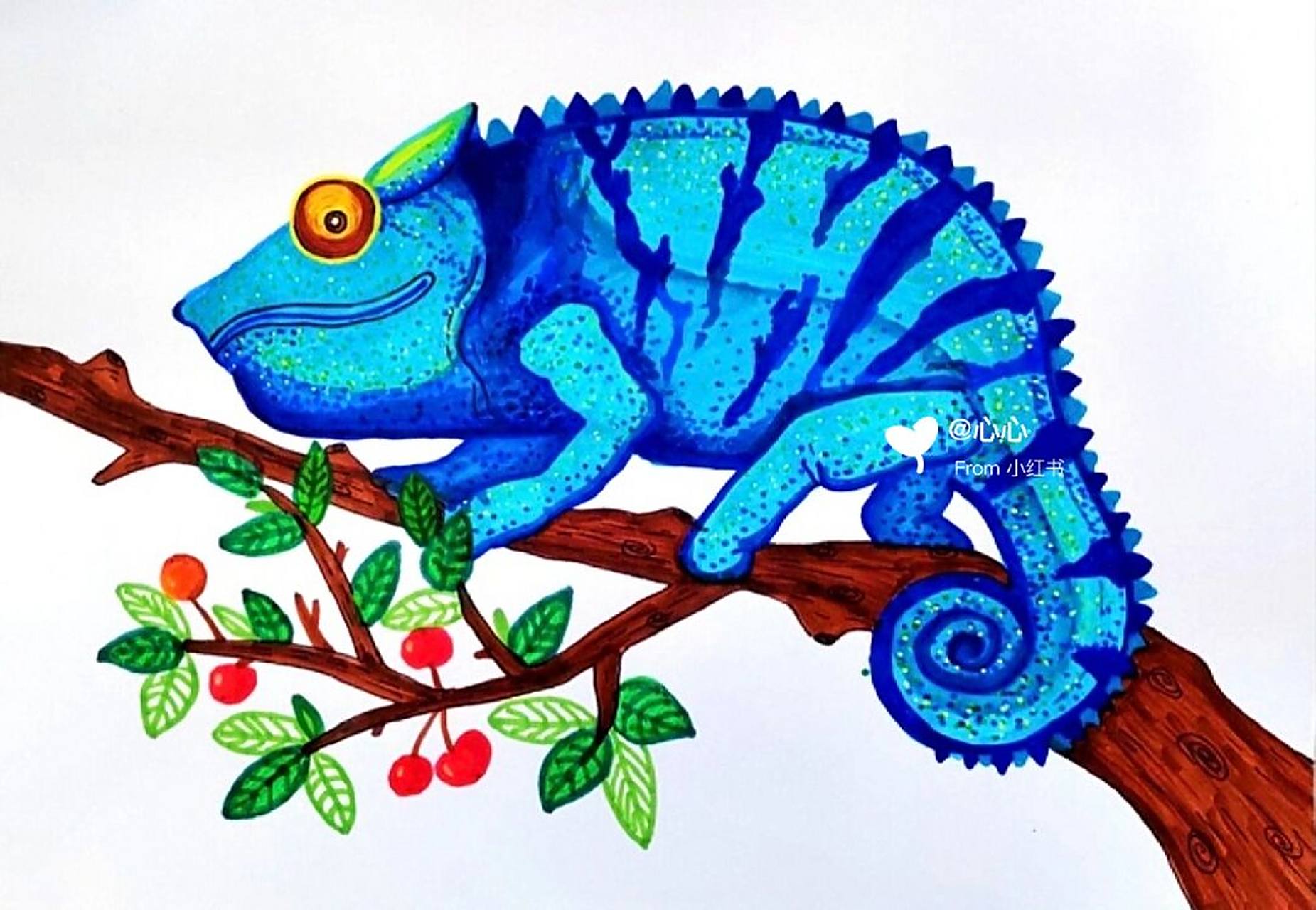 儿童画–变色龙(有课件步骤) 适合6-8岁 通过观察变色龙的体态以及