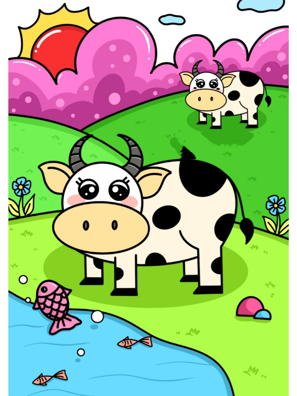 原创儿童画(附线稿) 草原上的小奶牛创意儿童画—原创 临摹请标明出处