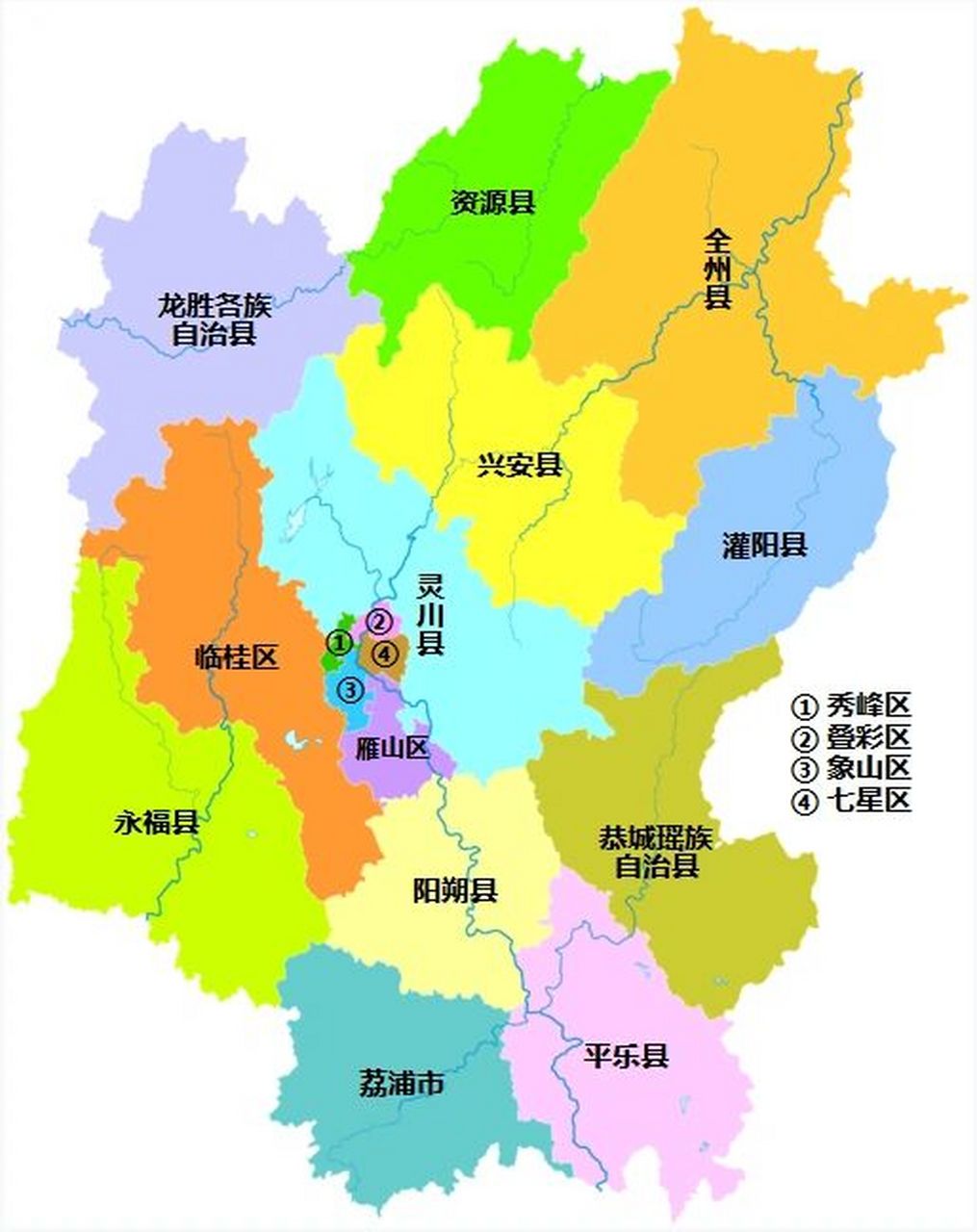 桂林全市划分为 6个区:秀峰区,叠彩区,象山区,七星区,雁山区,临桂