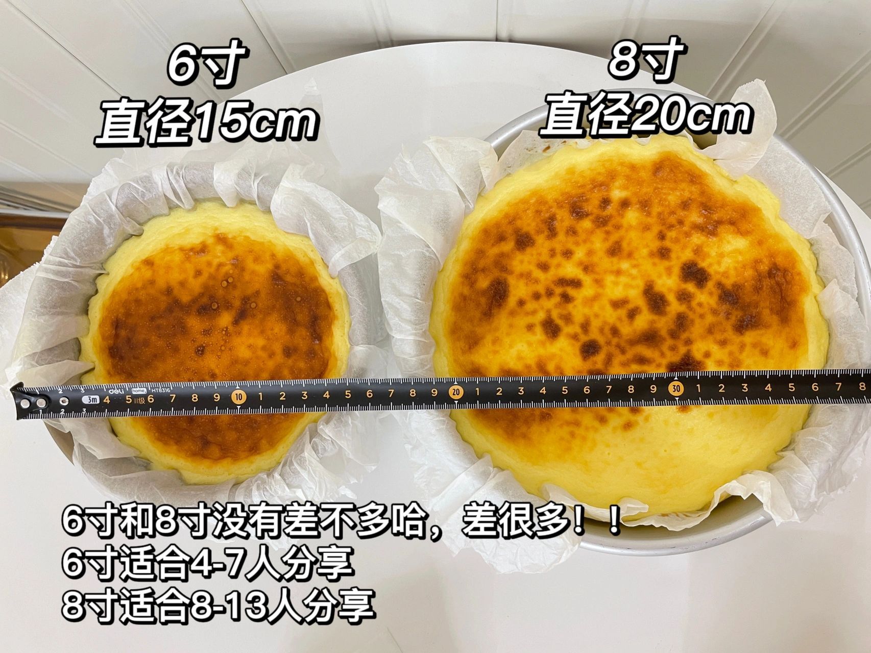 给大家看看数据 8寸的份量也是6寸的两倍,因为是圆柱体,所以体积是差