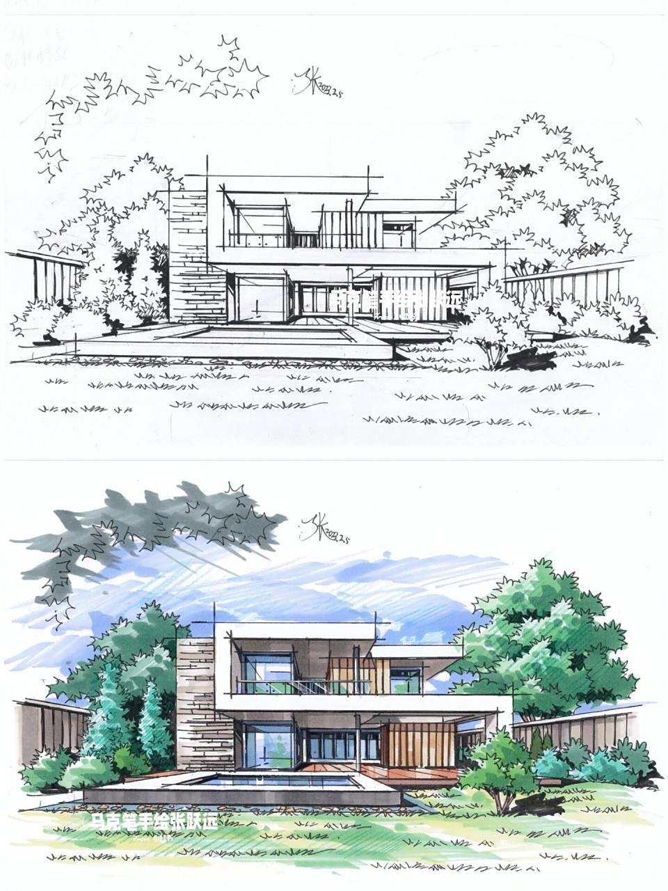 一点透视独栋建筑-马克笔手绘 一点透视,用于大家平时作业,简单好上手