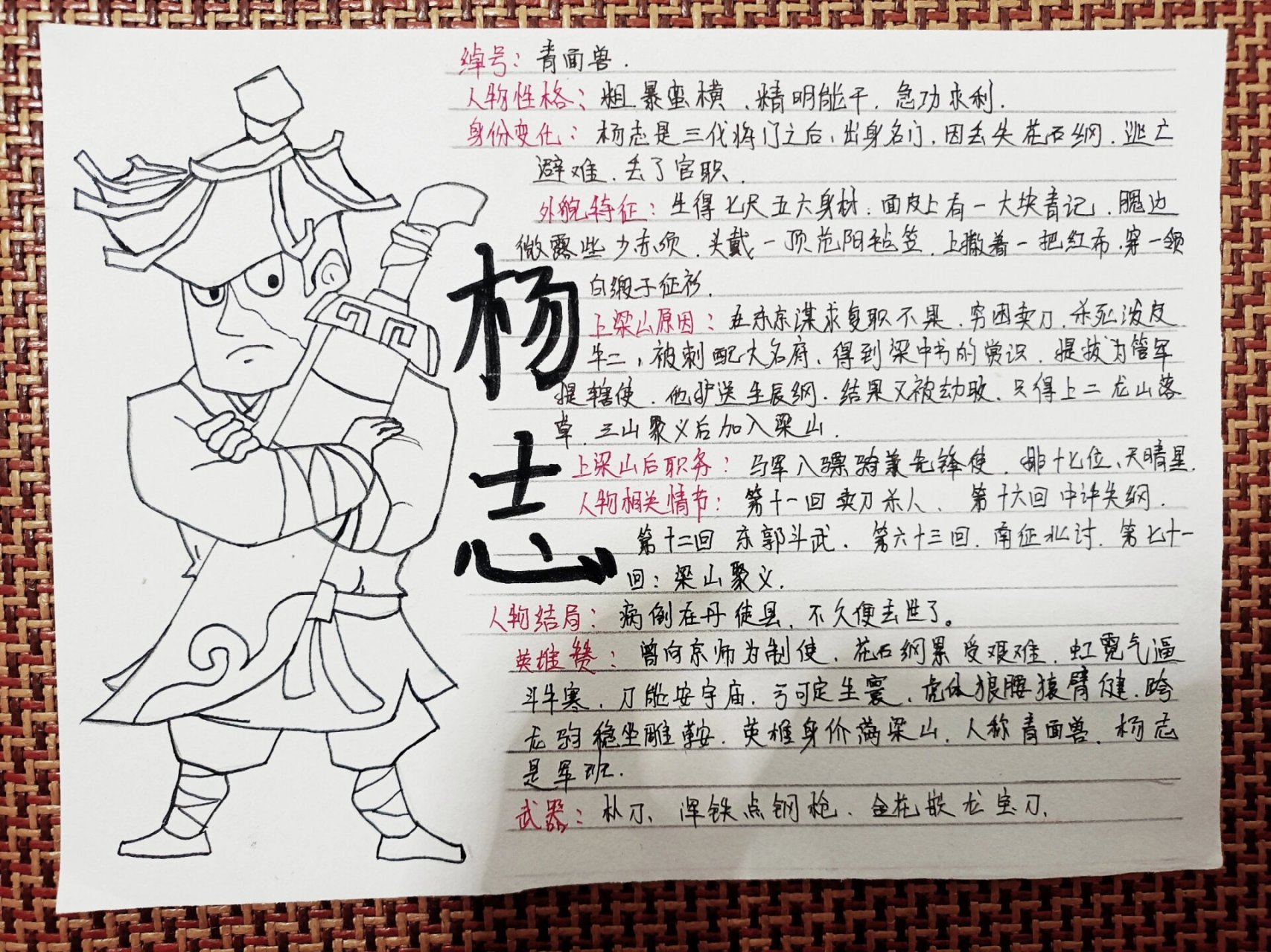 《水浒传》～杨志手抄报～人物卡片 青面兽杨志