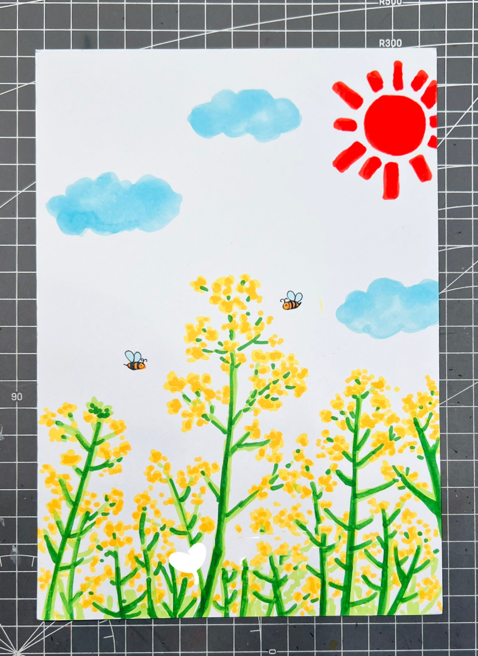 马克笔儿童画-春天主题画-油菜花 纸:a5卡纸 笔:touchcolor 80色 新