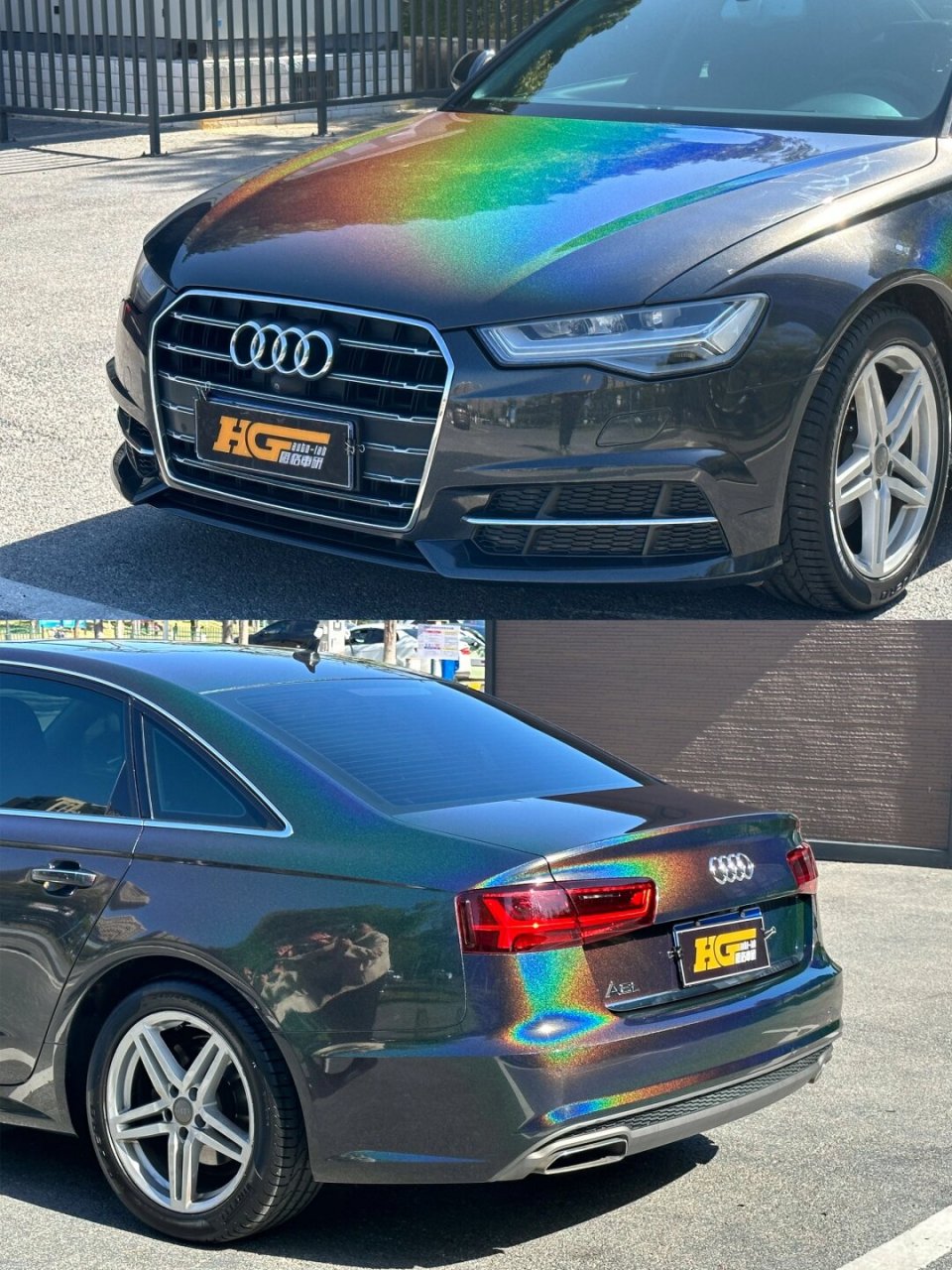 奥迪a6改色贴膜镭射黑,长沙专业汽车改装 七彩镭射黑,以沉稳神秘的