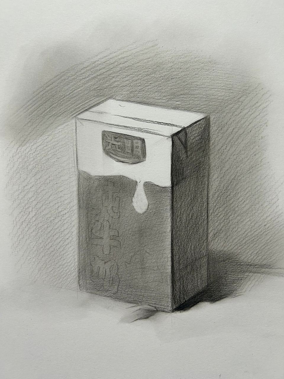 盒装牛奶 简单素描静物 以几何形体理解,注意亮暗固有色的区分 字体跟