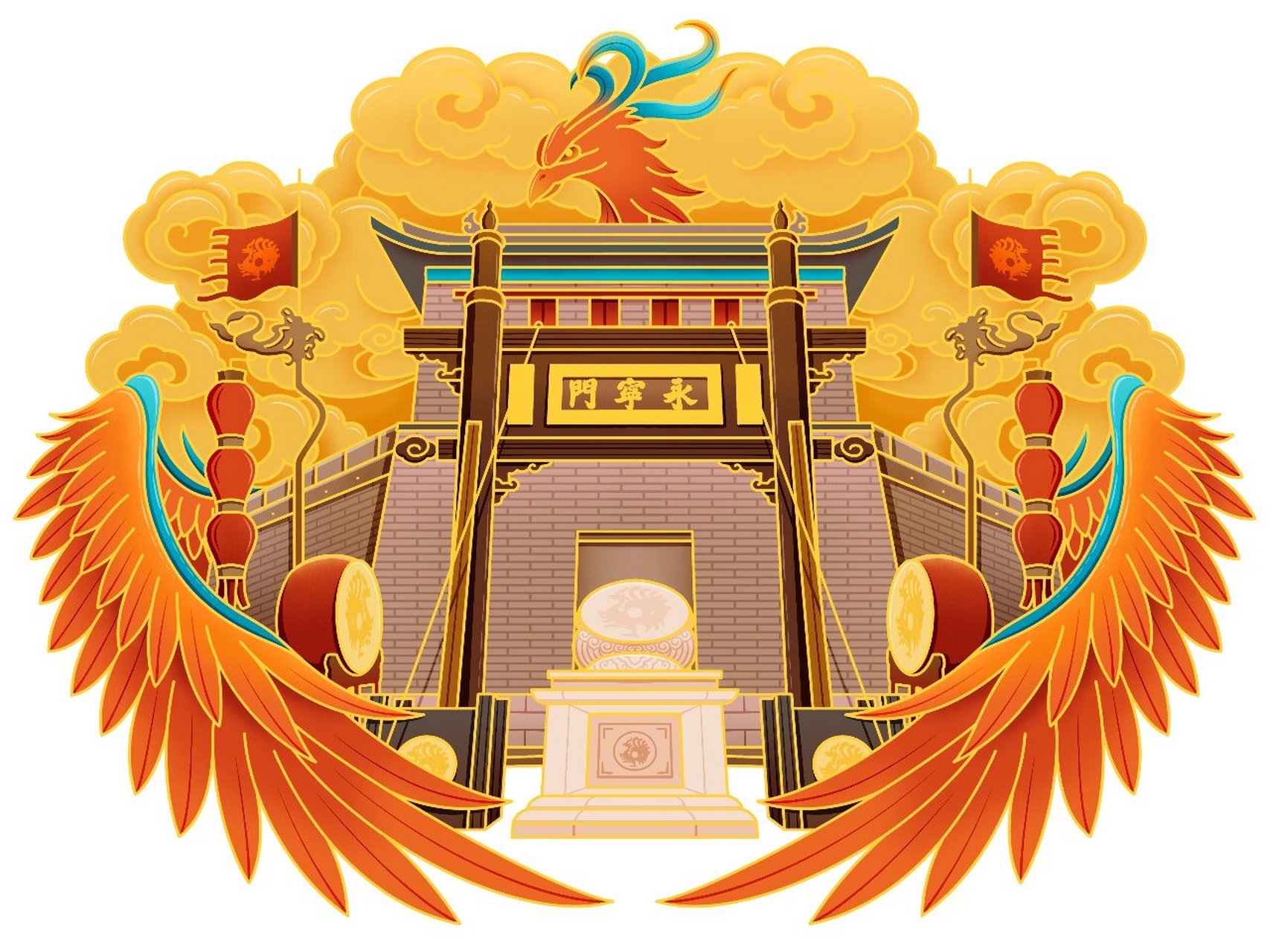 西安城墙四大门 长乐门(东门)青龙,永宁门(南门)朱雀,安定门(西门)