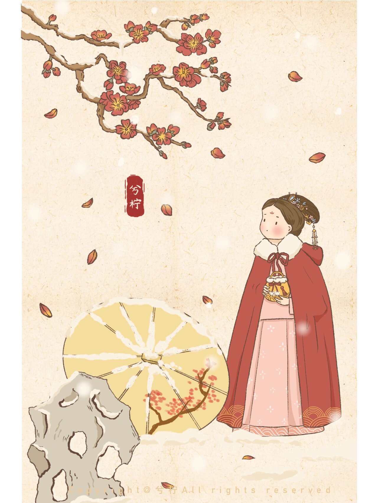 原创古风插画:探花,熏香,许愿,赏梅 95庭院深深,美人凭栏望;赏夏夜