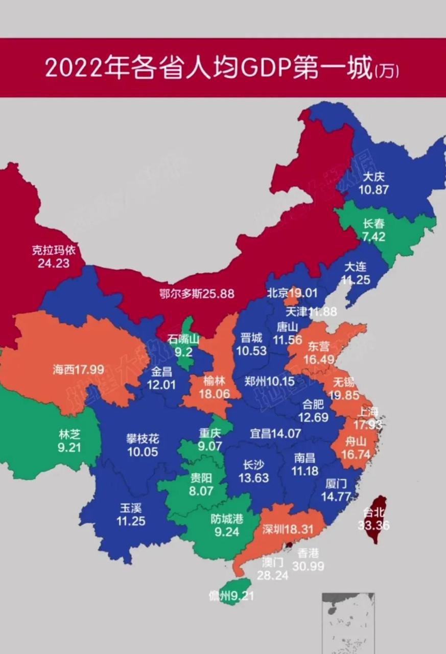 2022年各省市人均gdp排名第一的城市无锡1985万,北京19